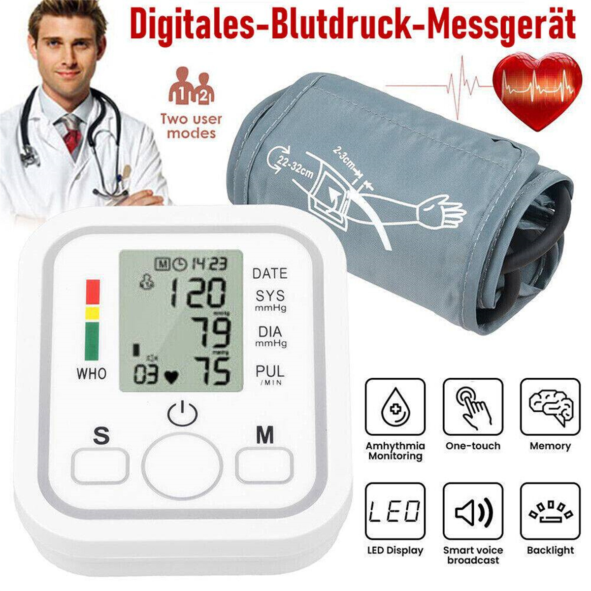 Digitales Blutdruckmessgerät mit Anzeige, Manschette und Arzt. Text: 'Zwei Benutzermodi'.