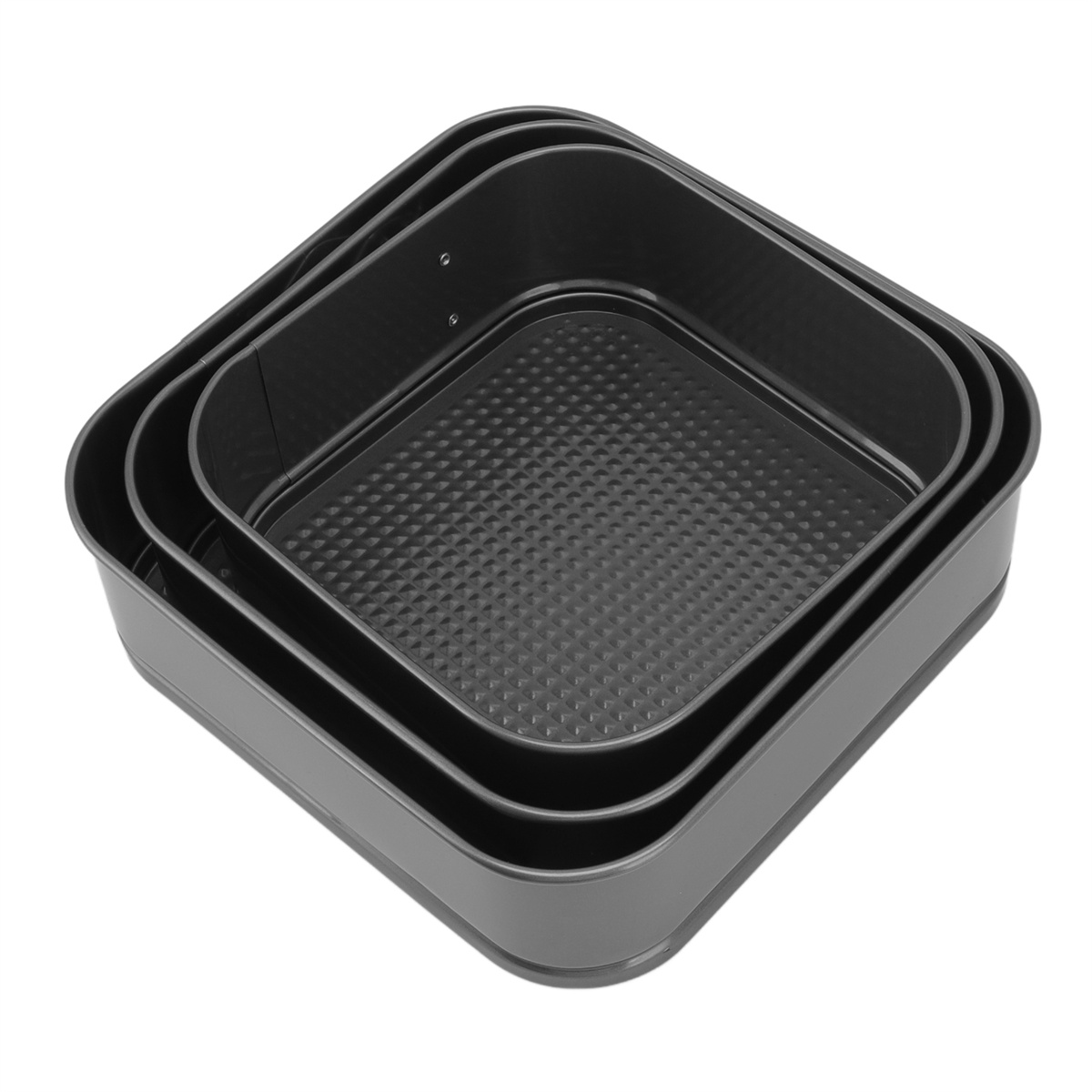 Set aus drei quadratischen Backformen, verschachtelt, in verschiedenen Größen.