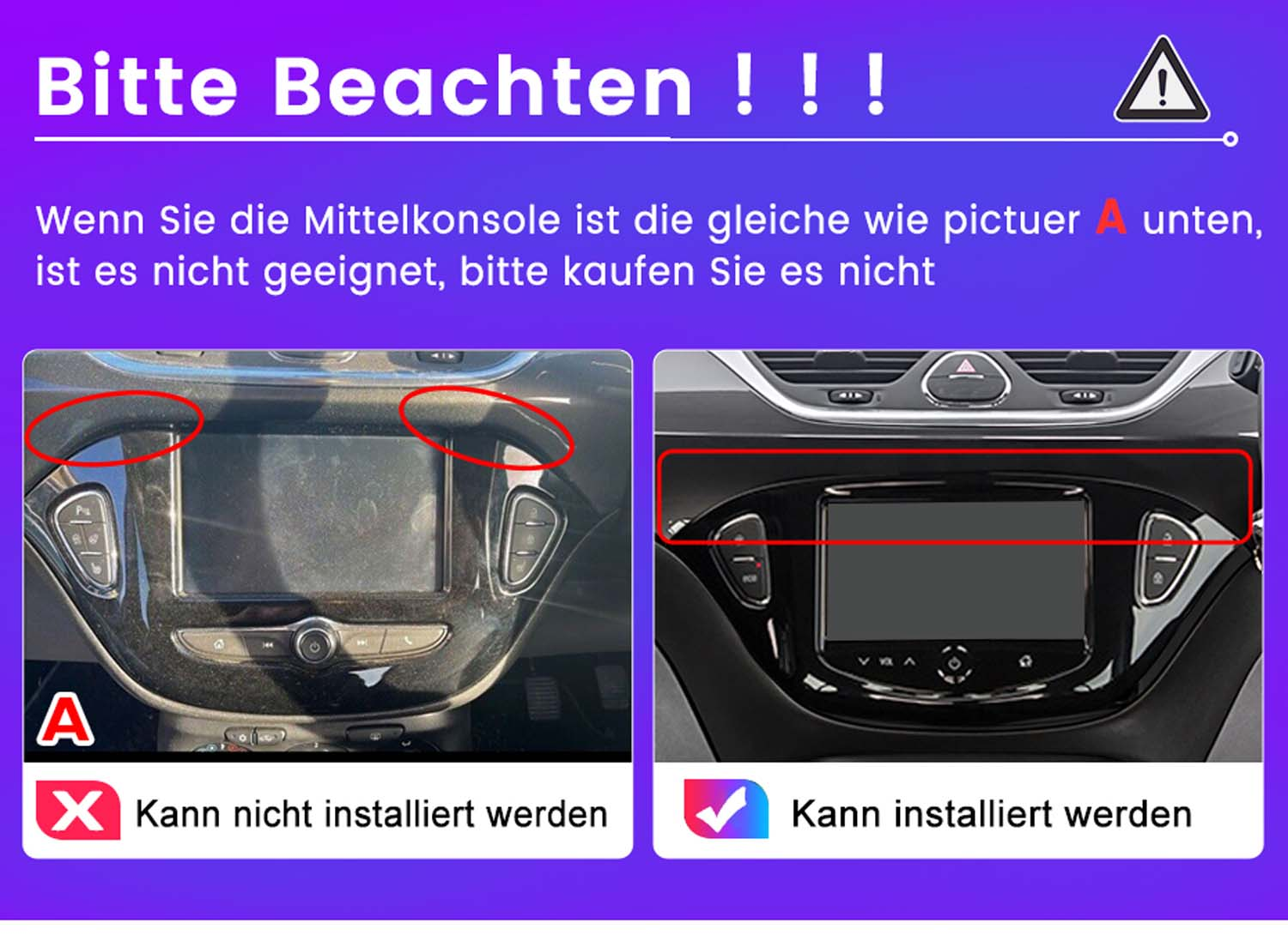 Armaturenbrett-Vergleich. Ein Bild zeigt, was nicht installiert werden kann, das andere zeigt, was kann.