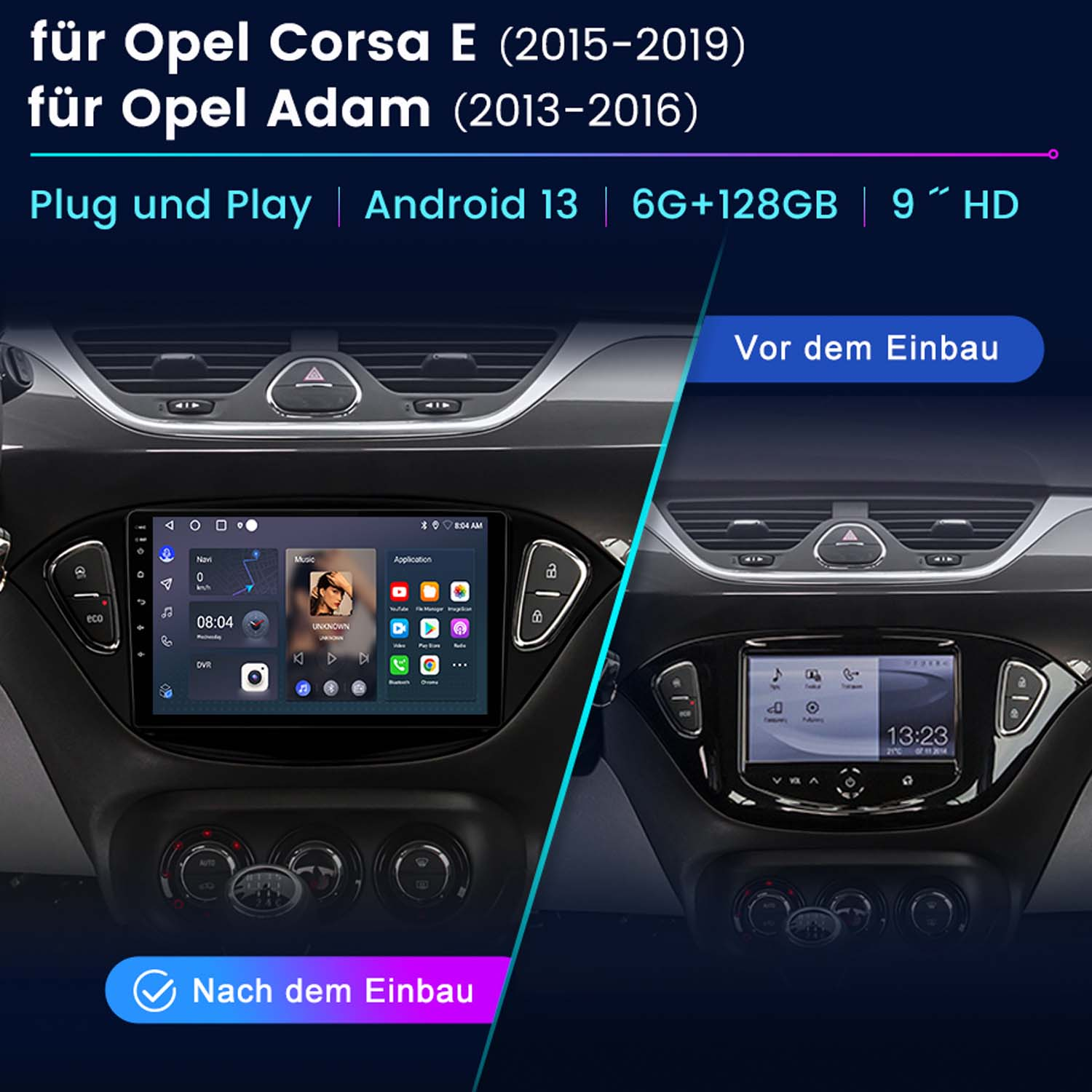 Armaturenbrett mit Bildschirm, der eine App zeigt, Vergleich vor und nach der Installation.
