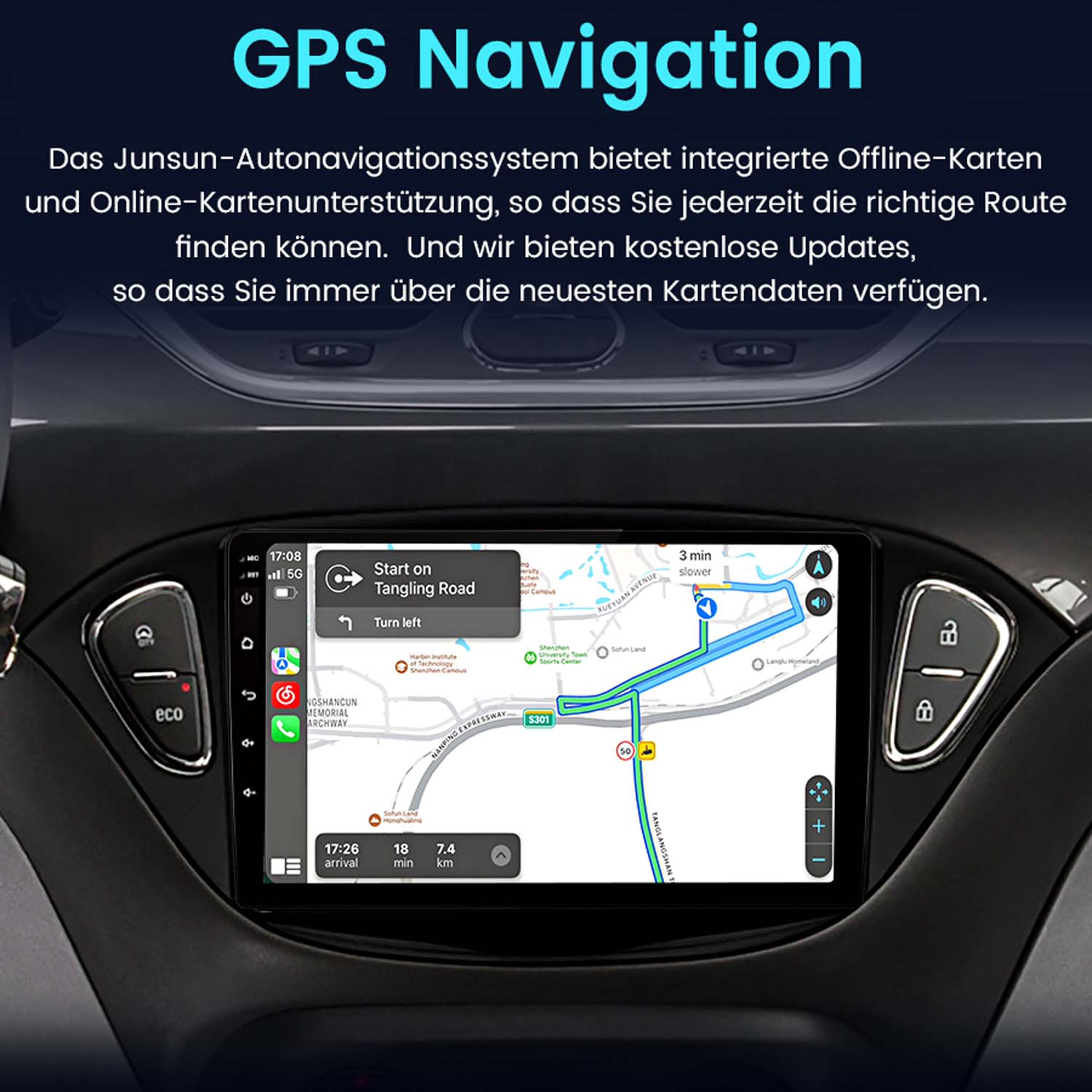 Das Armaturenbrett eines Autos zeigt einen GPS-Navigationsbildschirm, der eine Karte mit Abbiegeanweisungen und Routeninformationen anzeigt.