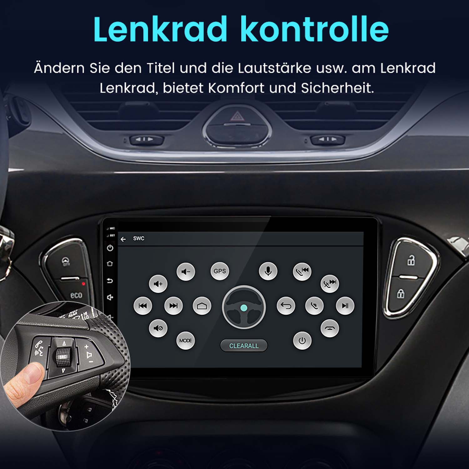 Autotafel mit Bildschirm, der Bedienelemente anzeigt. Text auf Deutsch. Lenkrad und Hand sind sichtbar.