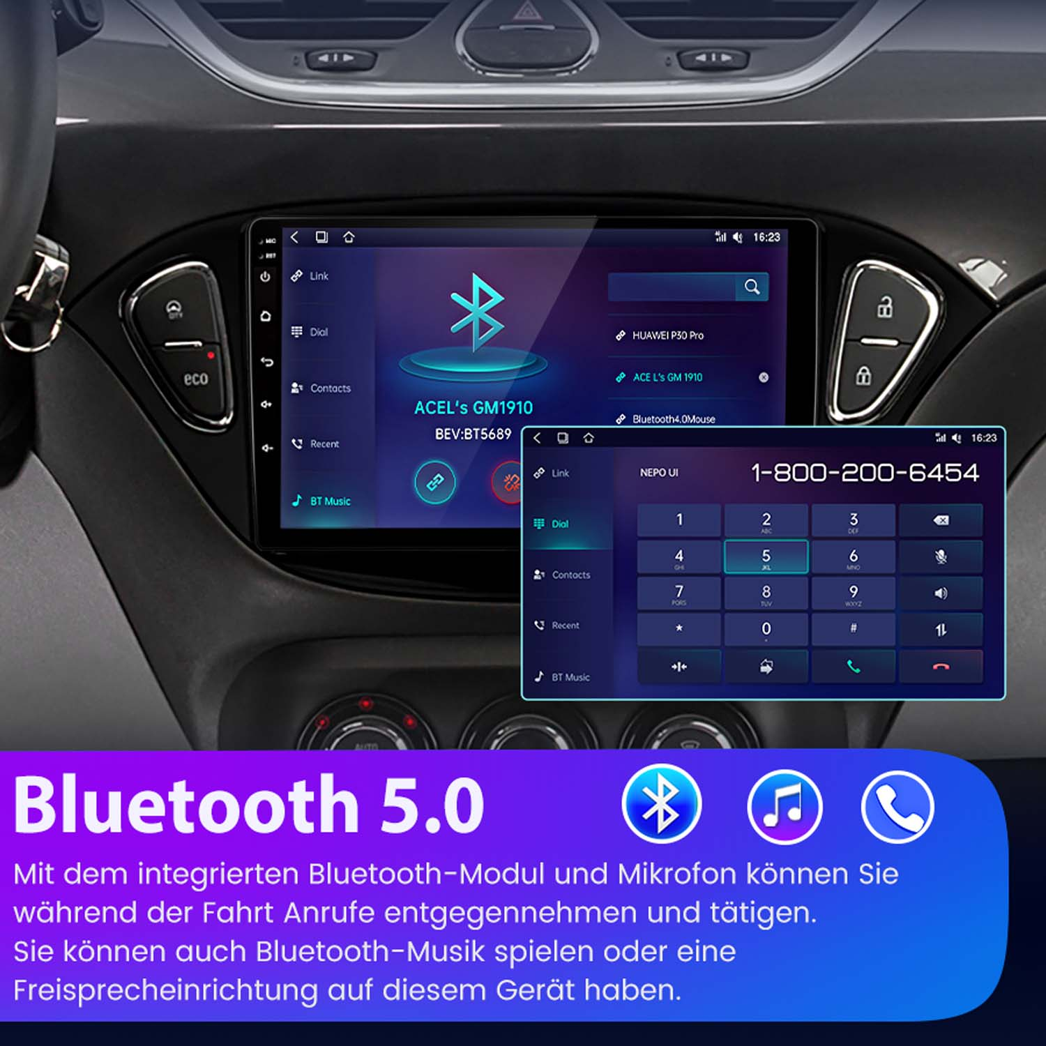 Armaturenbrett eines Autos mit Touchscreen, Bluetooth 5.0-Schnittstelle und Wähltastatur.
