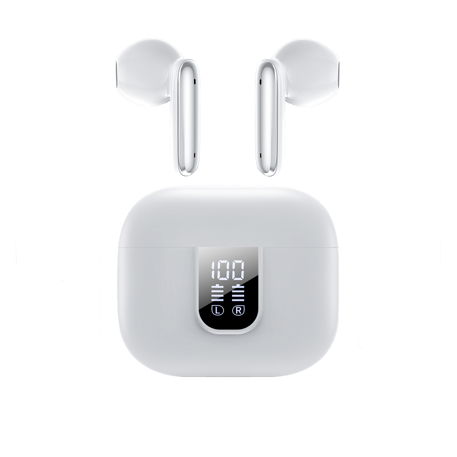 Białe słuchawki i etui ładujące. Etui ma ekran z napisem '100'. Słuchawki są srebrno-białe.
