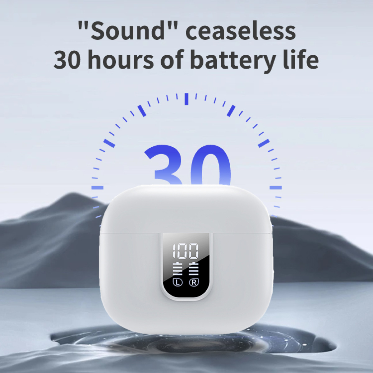 Białe etui na słuchawki z wyświetlaczem 100%. Tekst: 30 godzin pracy baterii. Niebieski kontur zegara.