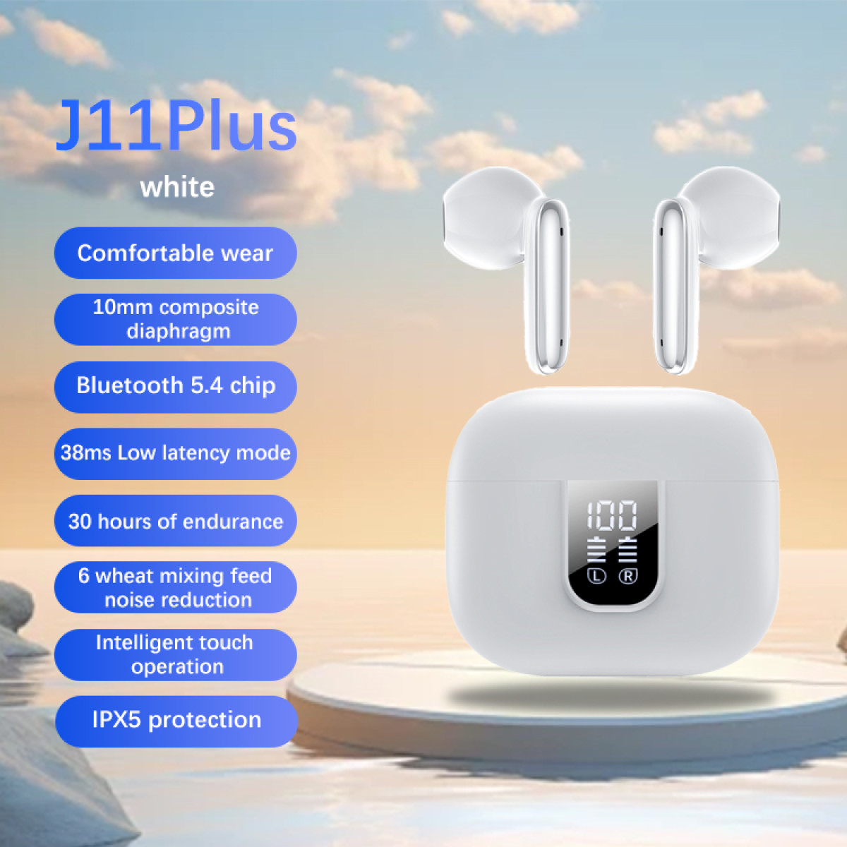 Białe bezprzewodowe słuchawki z etui ładującym. Tekst przedstawia funkcje i specyfikacje urządzenia.