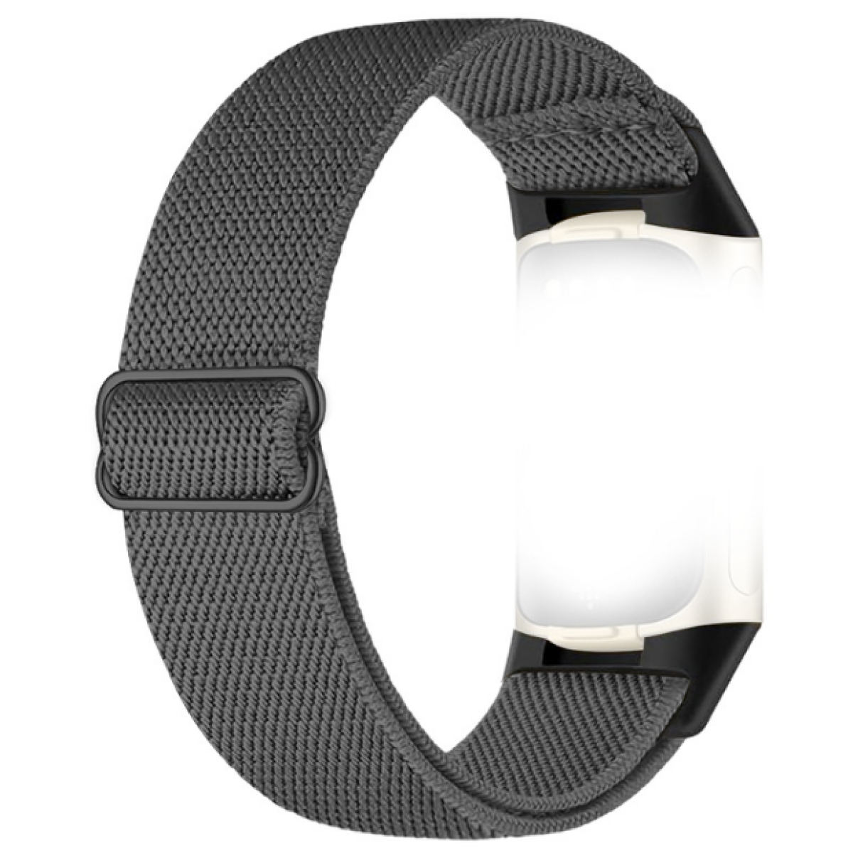 Szary elastyczny pasek do zegarka z czarną klamrą i białym elementem zegarka.