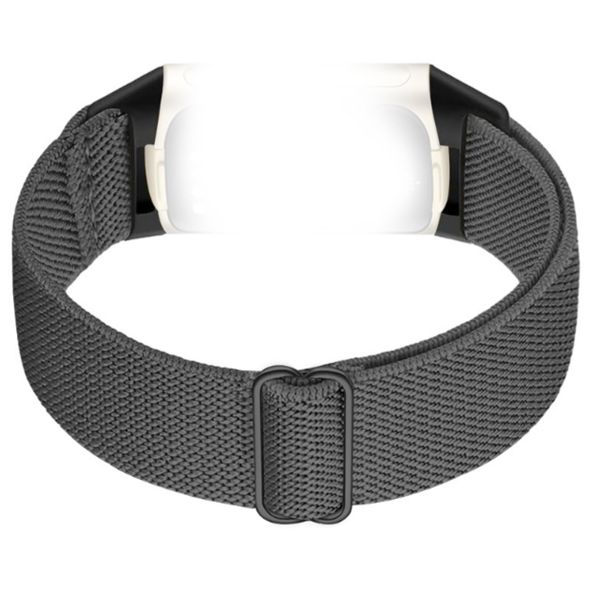 Szary pasek do zegarka z czarną klamrą, widok z boku. Białe tło.