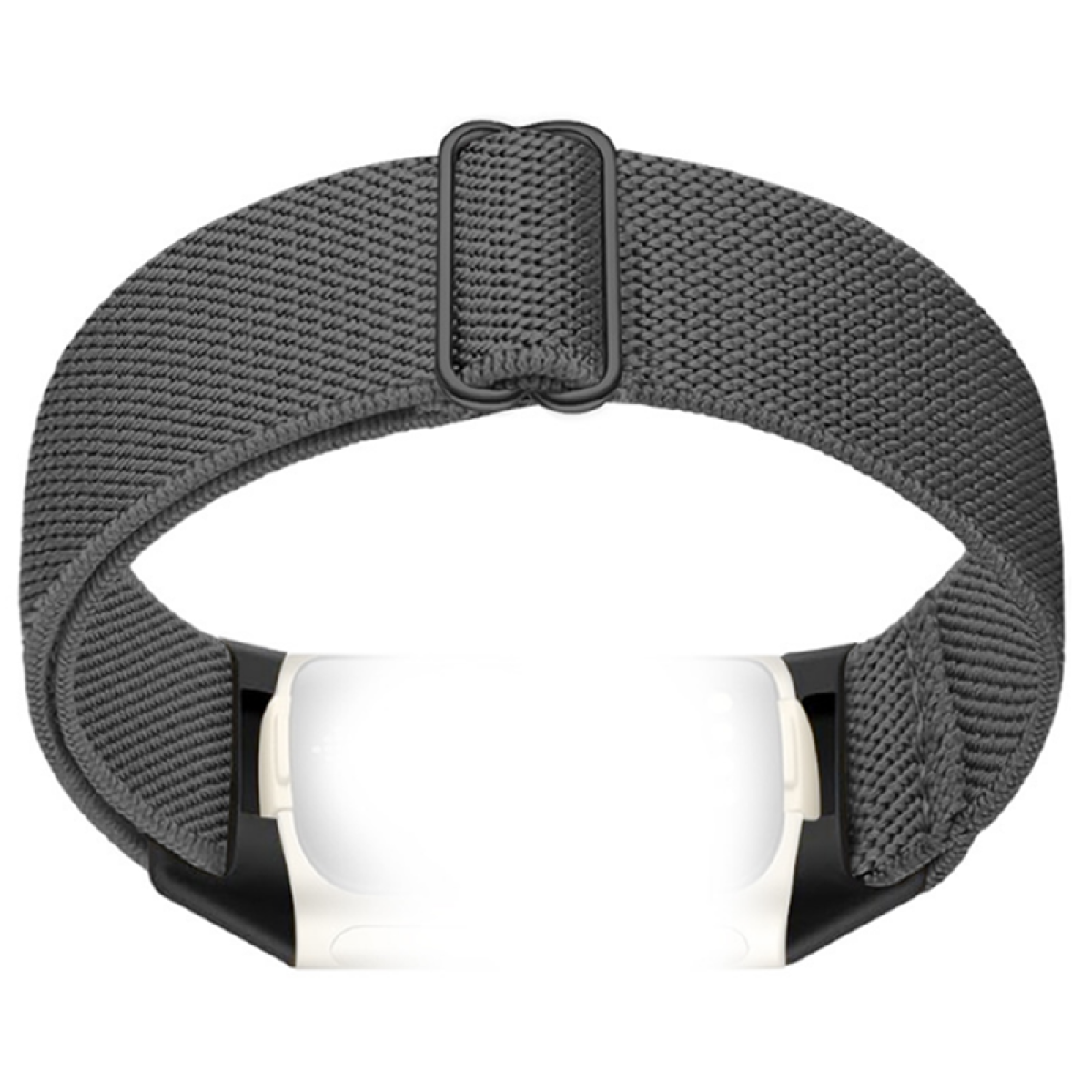 Szara opaska z tkaniny z czarną klamrą. Białe urządzenie widoczne pośrodku.