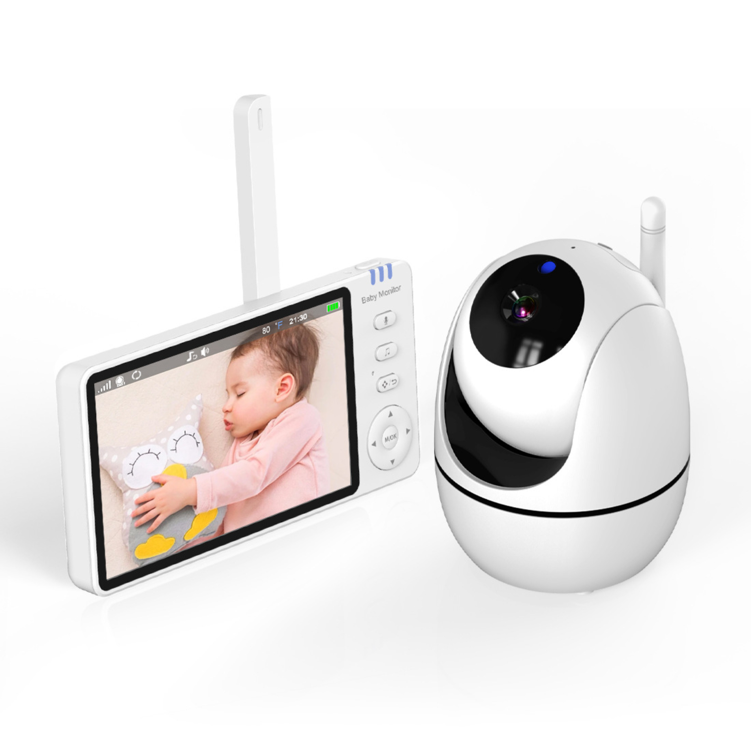 Babyphone mit Bildschirm, der ein schlafendes Baby mit Spielzeug zeigt. Eine weiße Kamera befindet sich neben dem Bildschirm.