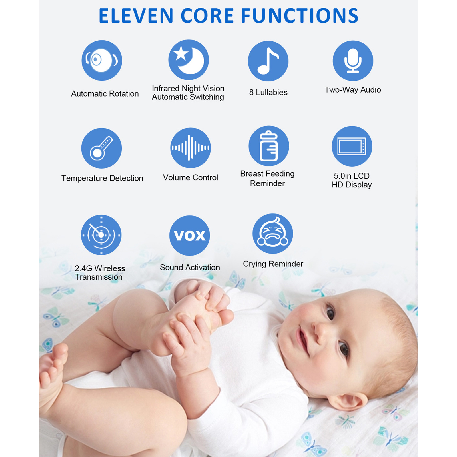 Babyphone mit Kernfunktionen. Baby auf dem Bett. Symbole und Text. Weißer Hintergrund.