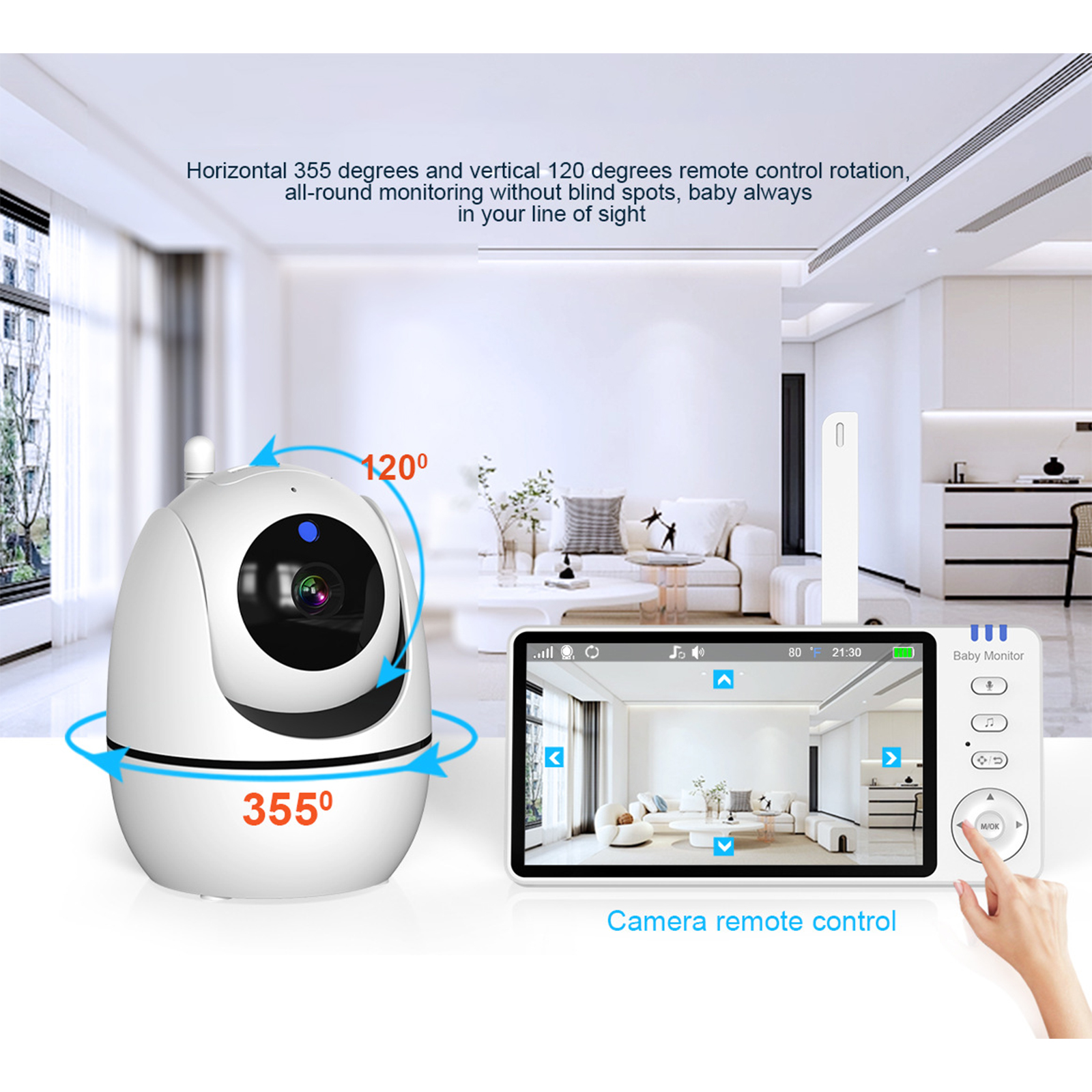 Weiße Babyphone-Kamera und Bildschirm, der ein Zimmer zeigt. Pfeile zeigen 355° und 120° Drehung an.
