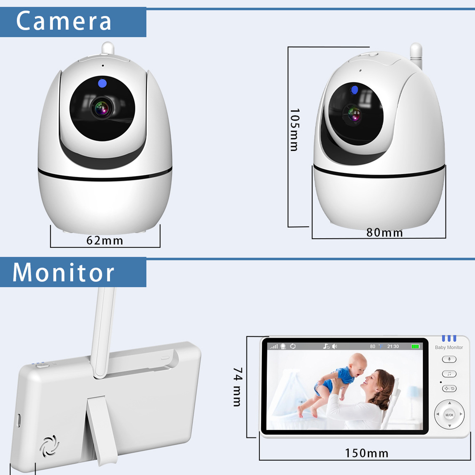 Babyfon-Kamera und Monitor. Die Kamera ist weiß. Der Monitor zeigt ein Bild von Mutter und Baby.
