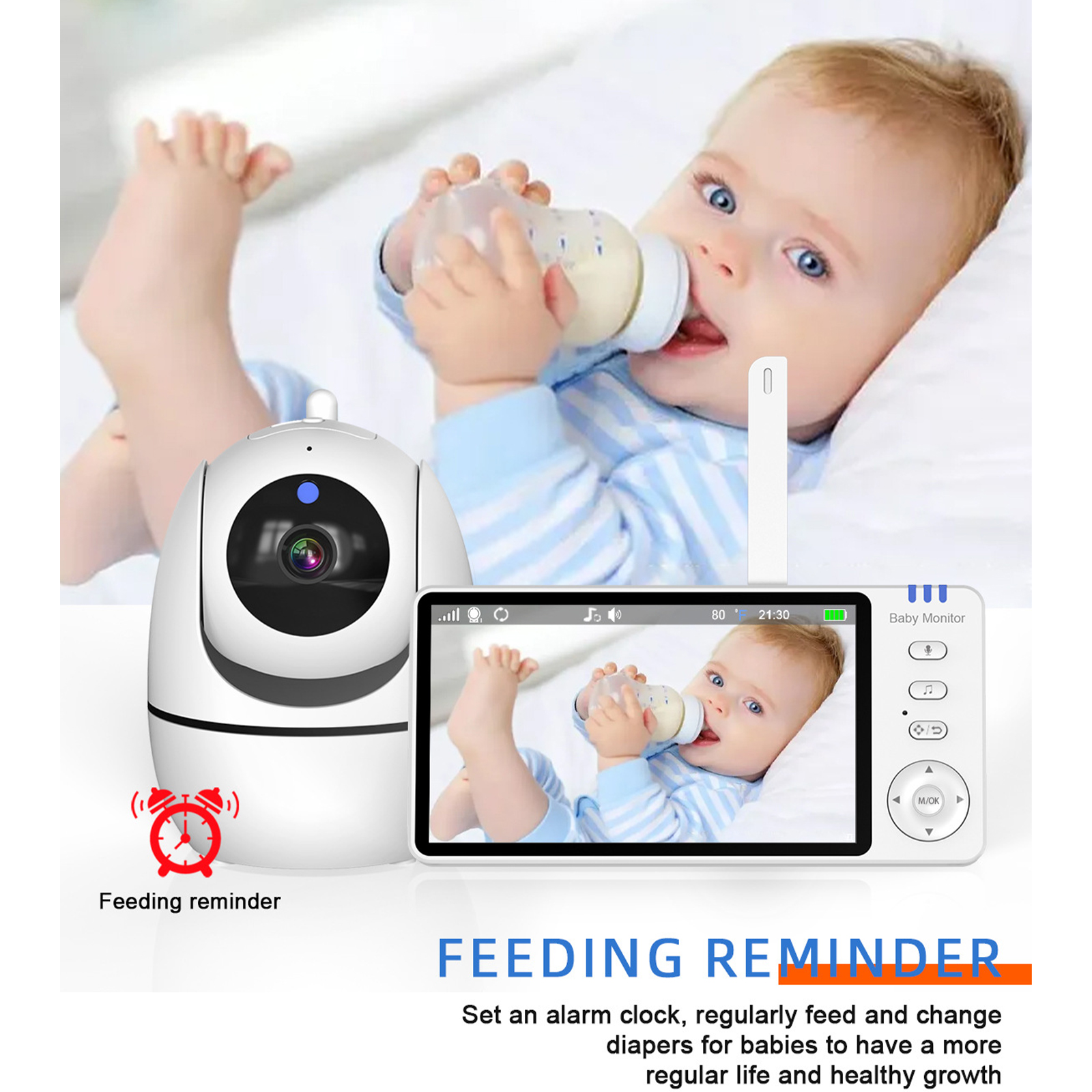 Ein Babyphone-Setup. Ein Baby trinkt aus einer Flasche, während der Monitor das Baby anzeigt.