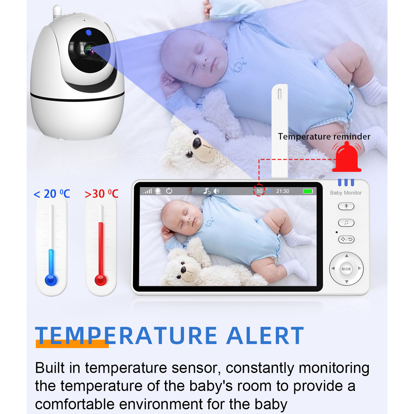 Babyphone zeigt ein schlafendes Baby. Eine Kamera ist darüber. Warnungen für die Temperatur werden angezeigt.