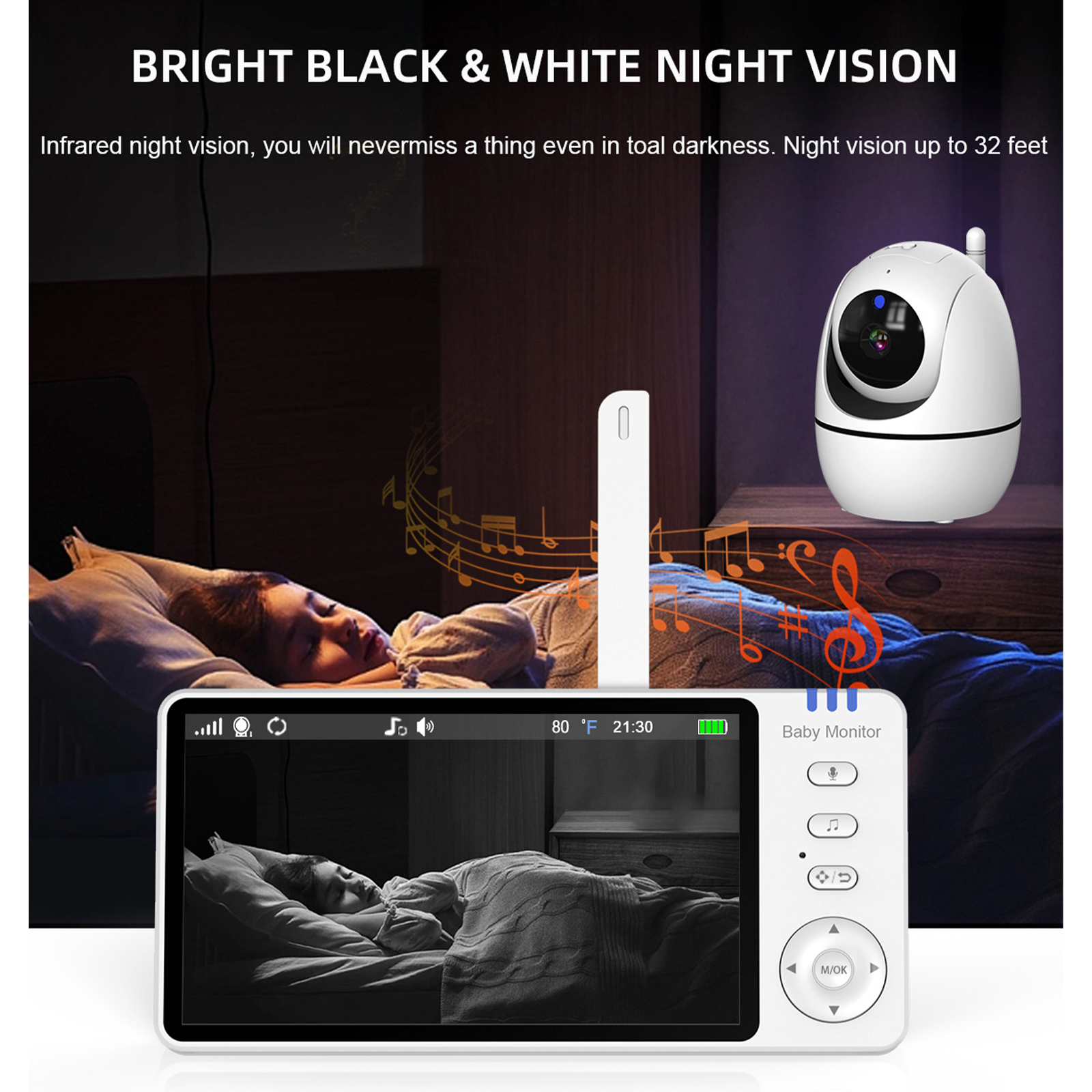 Babyphone-Set mit Nachtsicht und einem Monitorbildschirm, der ein Baby in einem Kinderbett zeigt.