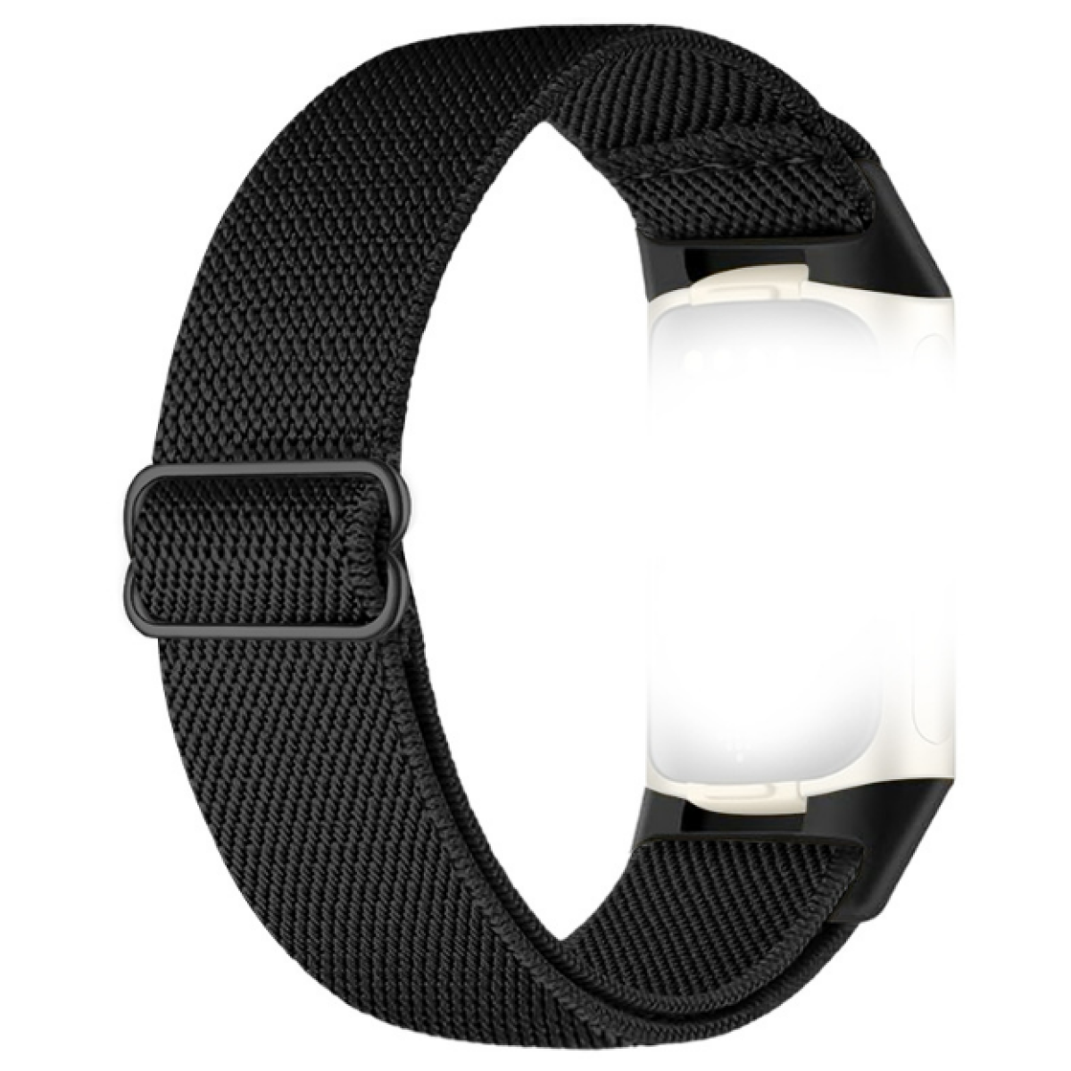 Czarny pasek do zegarka z czarną klamrą i czarnym paskiem. Widoczne białe urządzenie.