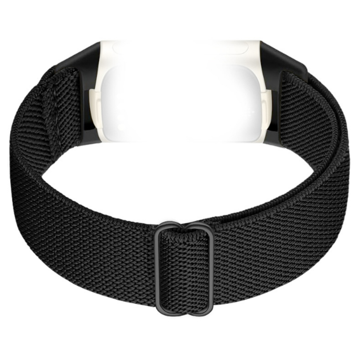 Czarny pasek z białym prostokątnym elementem, z czarną klamrą.