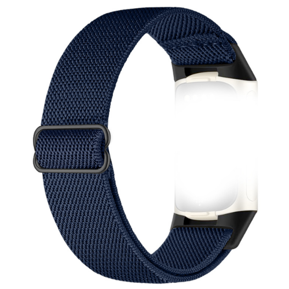 Niebieski elastyczny pasek przeznaczony do smartwatcha, z czarną klamrą.