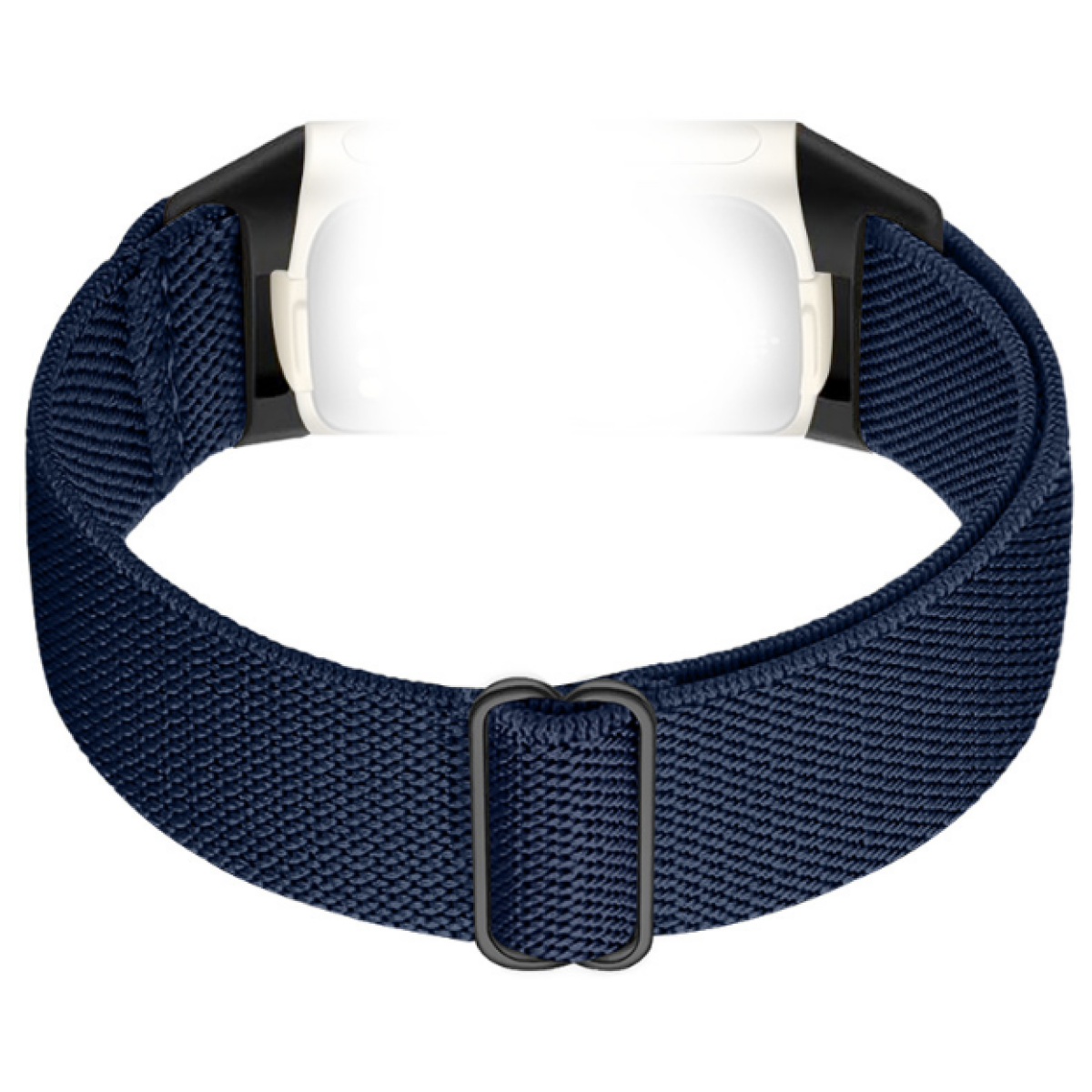Granatowy pasek do zegarka, elastyczny, czarne zapięcie, białe mocowanie zegarka, widok z góry.