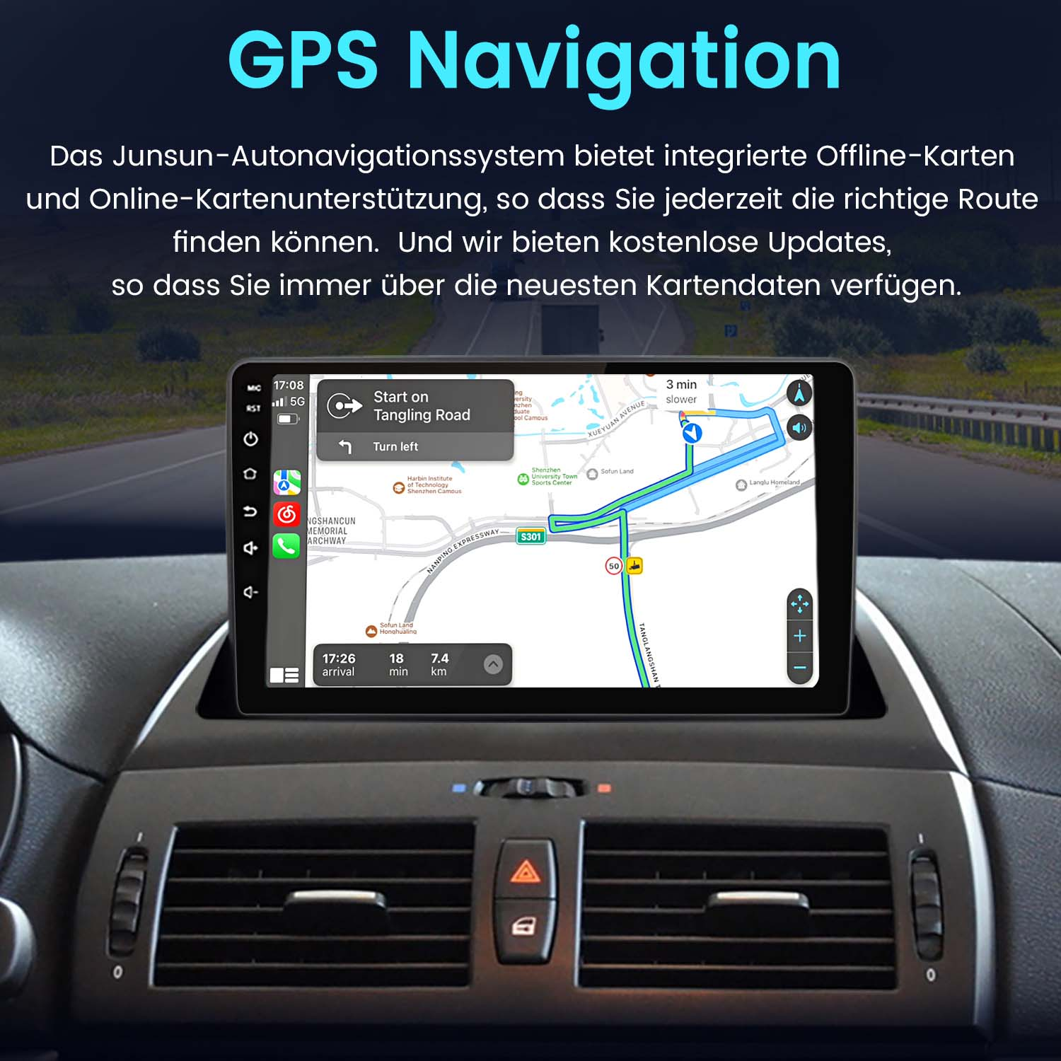 Auto-Armaturenbrett mit einem GPS-Navigationssystem auf dem Bildschirm.