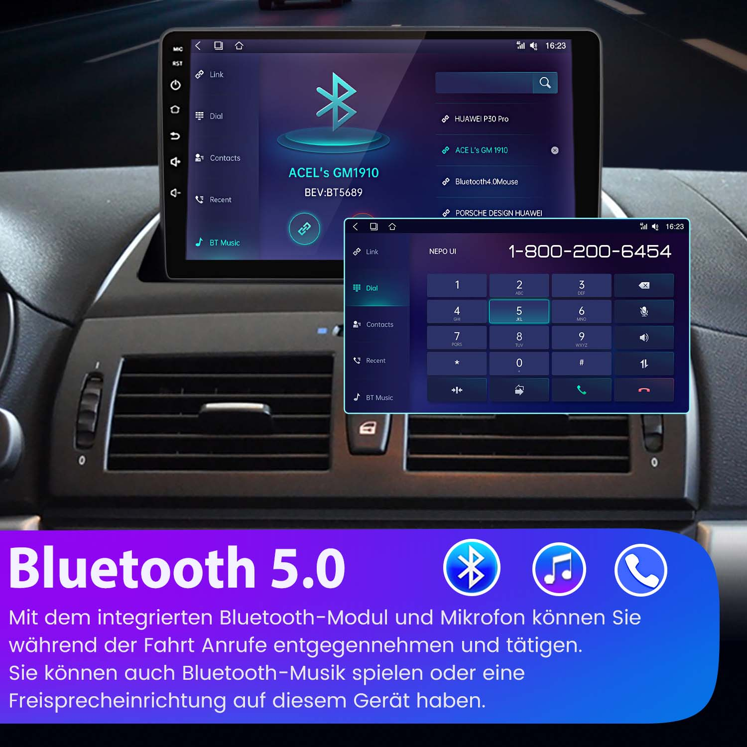 Auto-Armaturenbrett mit Touchscreen-Anzeige, die eine Telefonschnittstelle und einen Anrufbildschirm zeigt.