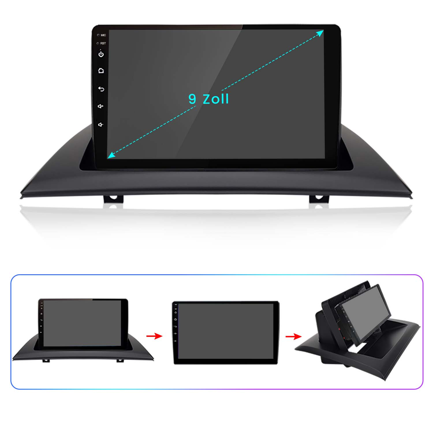 Ein Autoradio-Bildschirm mit schwarzem Rahmen, mit drei Schritten zur Installation.