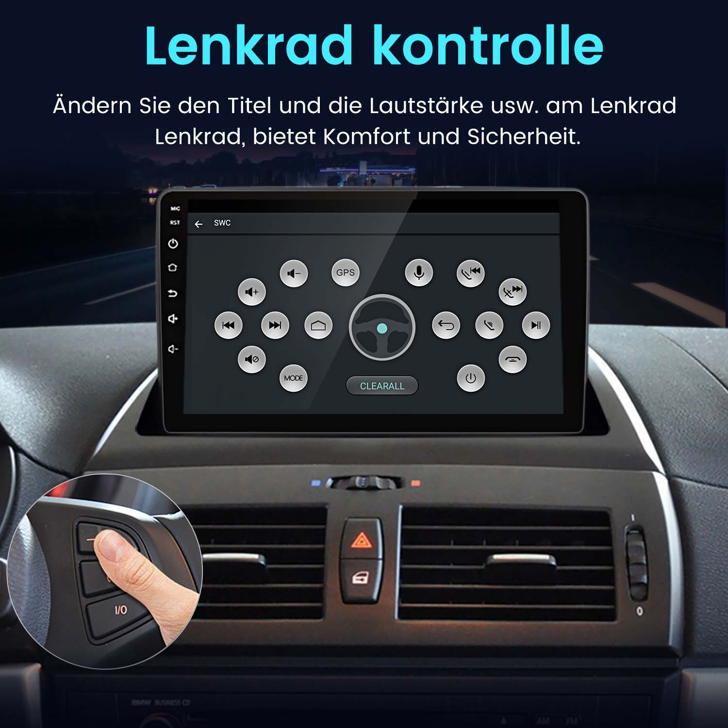 Auto-Armaturenbrett mit Bildschirm, der eine Benutzeroberfläche anzeigt, und Hand.