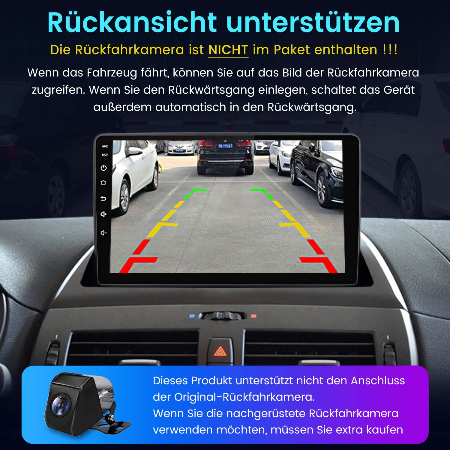 Armaturenbrett mit Bildschirm, der eine Rückfahrkamera-Ansicht anzeigt, mit deutschem Text.