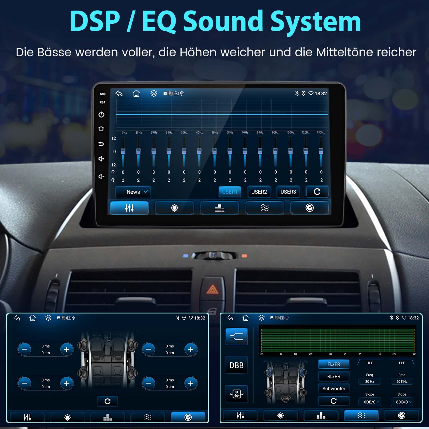 Auto-Stereo-Bildschirm zeigt Toneinstellungen, drei kleinere Anzeigen darunter.