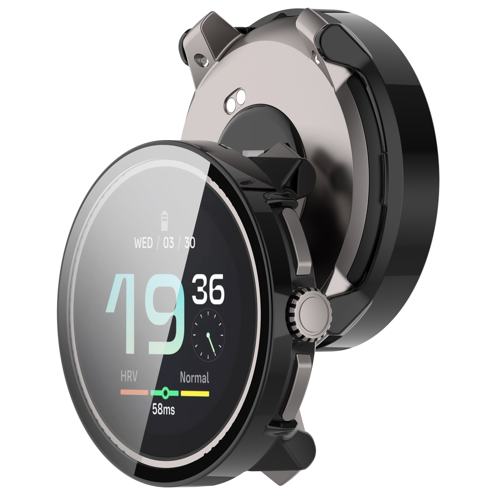 Smartwatch mit schwarzem Gehäuse, Digitalanzeige zeigt Zeit und Gesundheitsdaten.