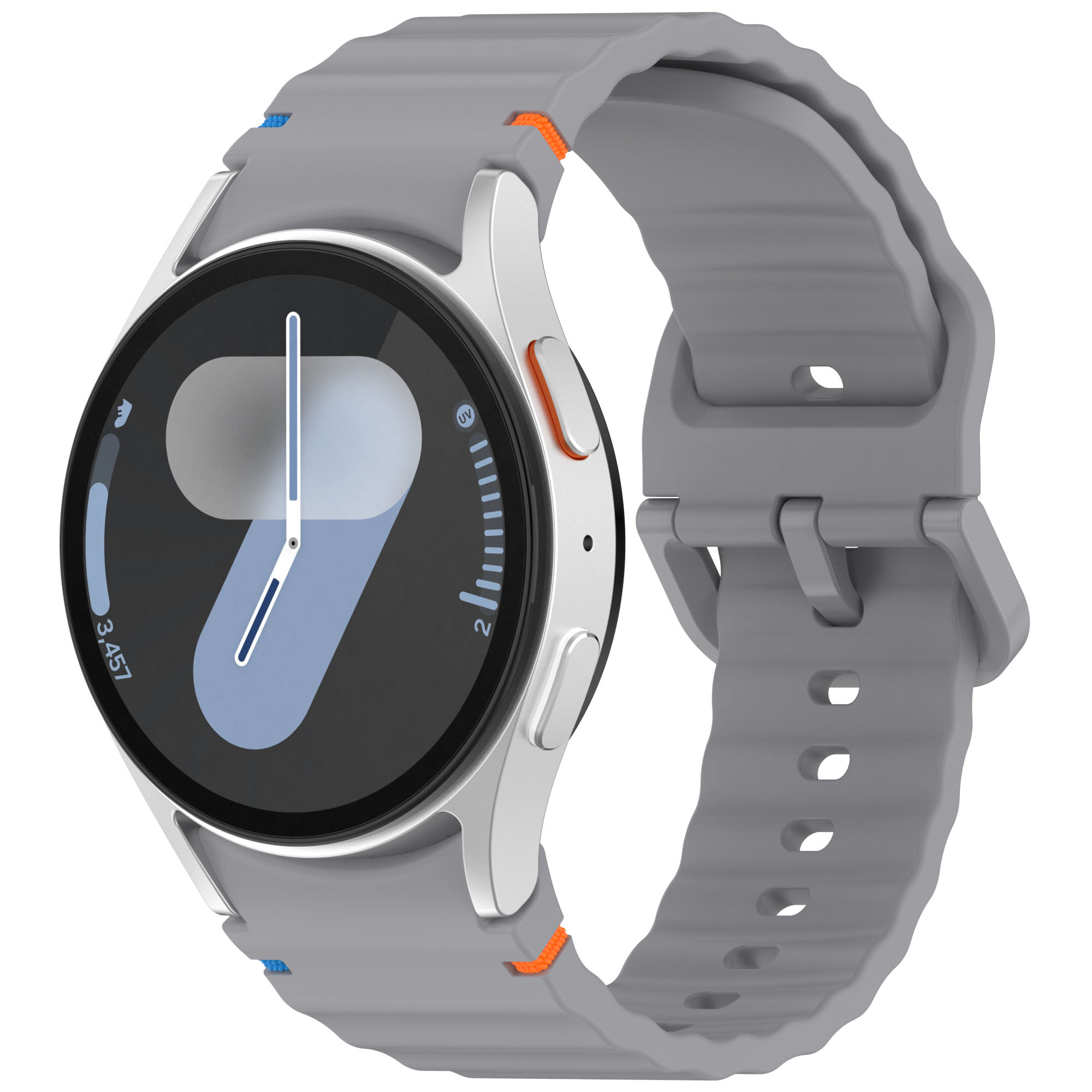 Smartwatch mit grauem Armband, silbernem Gehäuse und orangefarbenen Akzenten auf weißem Hintergrund.