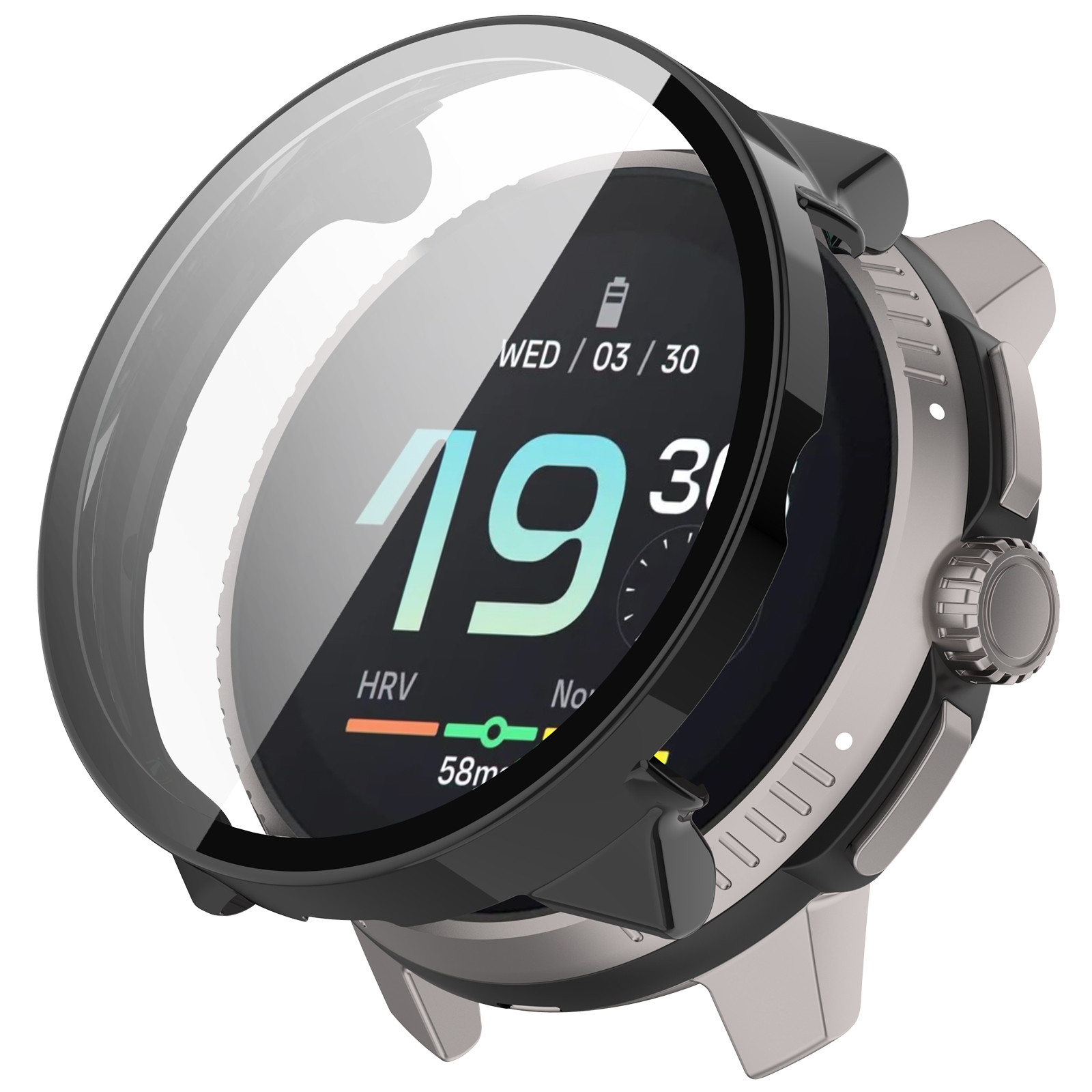 Smartwatch mit schwarzem und silbernem Gehäuse, das Zeit und andere Daten anzeigt.