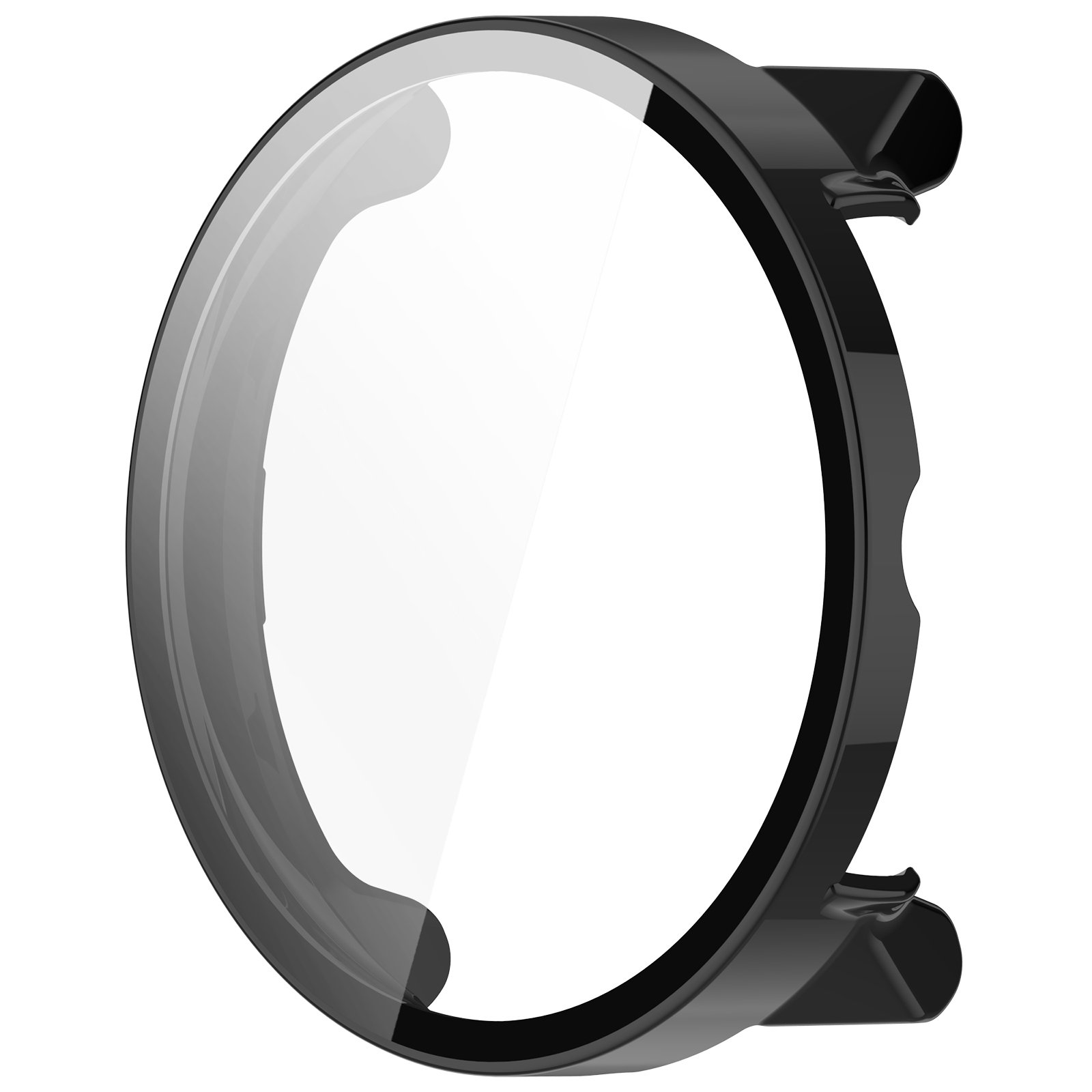 Schwarzes Uhrengehäuse mit einem transparenten Bildschirmschutz.