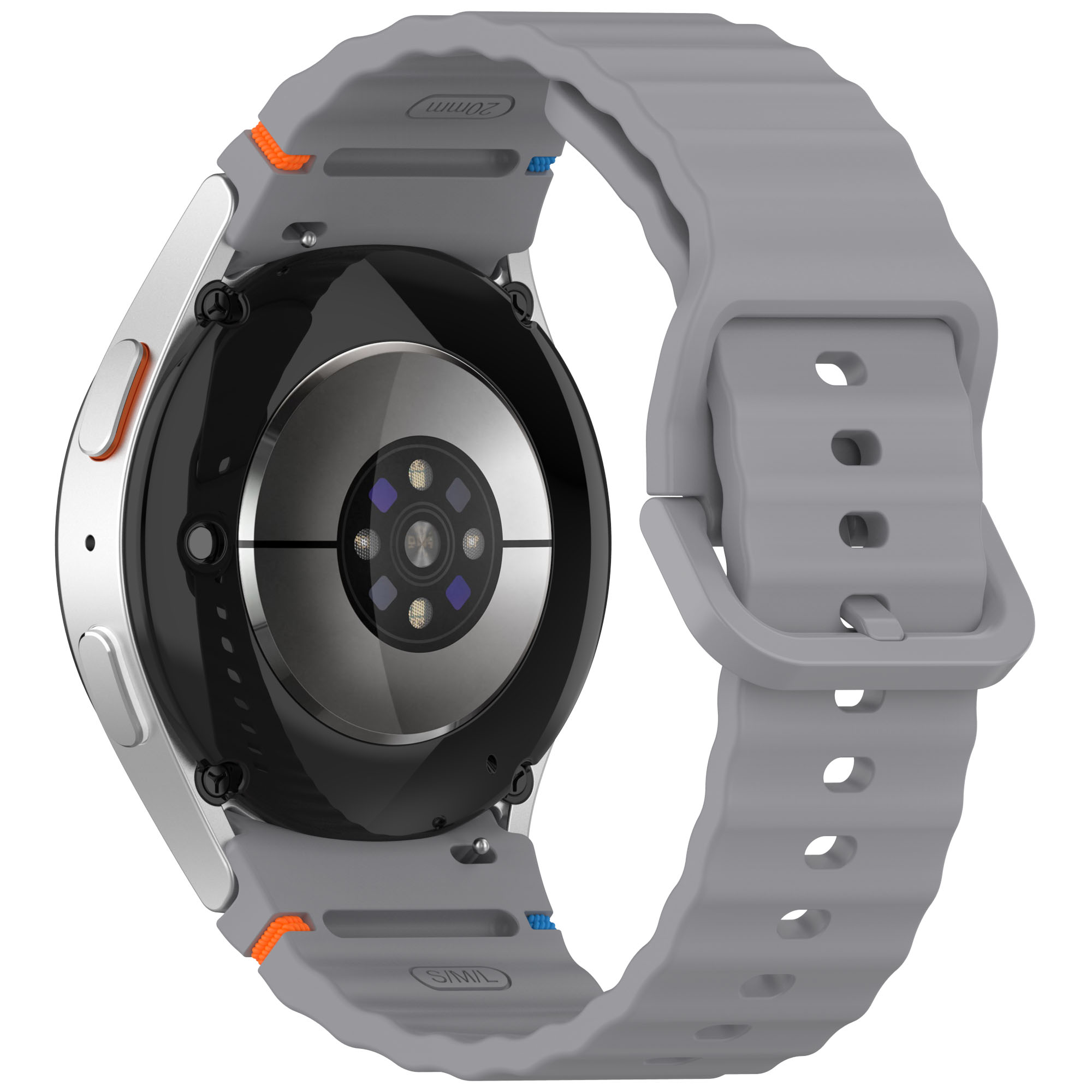 Eine silberne Smartwatch mit grauem Armband, orangefarbenen Akzenten und Rückseite nach oben.