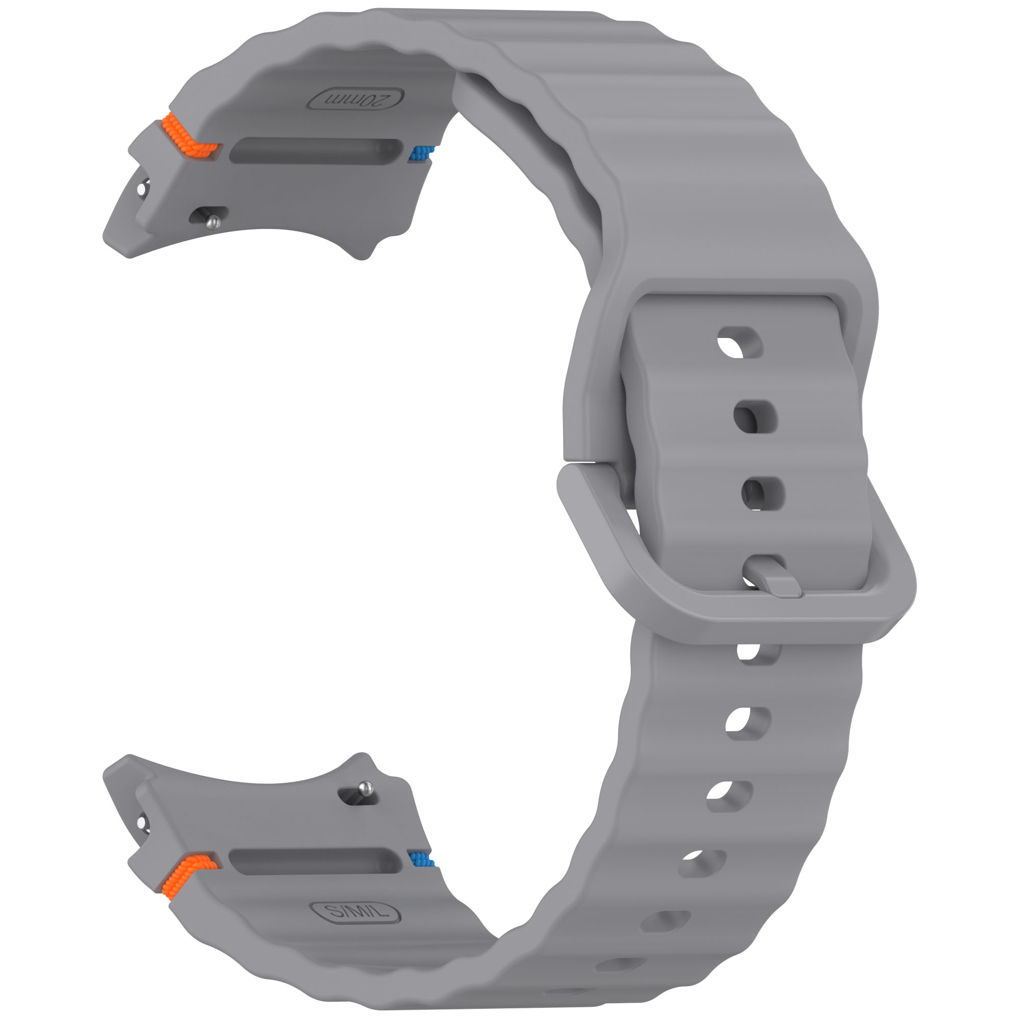 Ein graues Uhrenarmband mit orangefarbenen und blauen Akzenten, isoliert auf weißem Hintergrund.