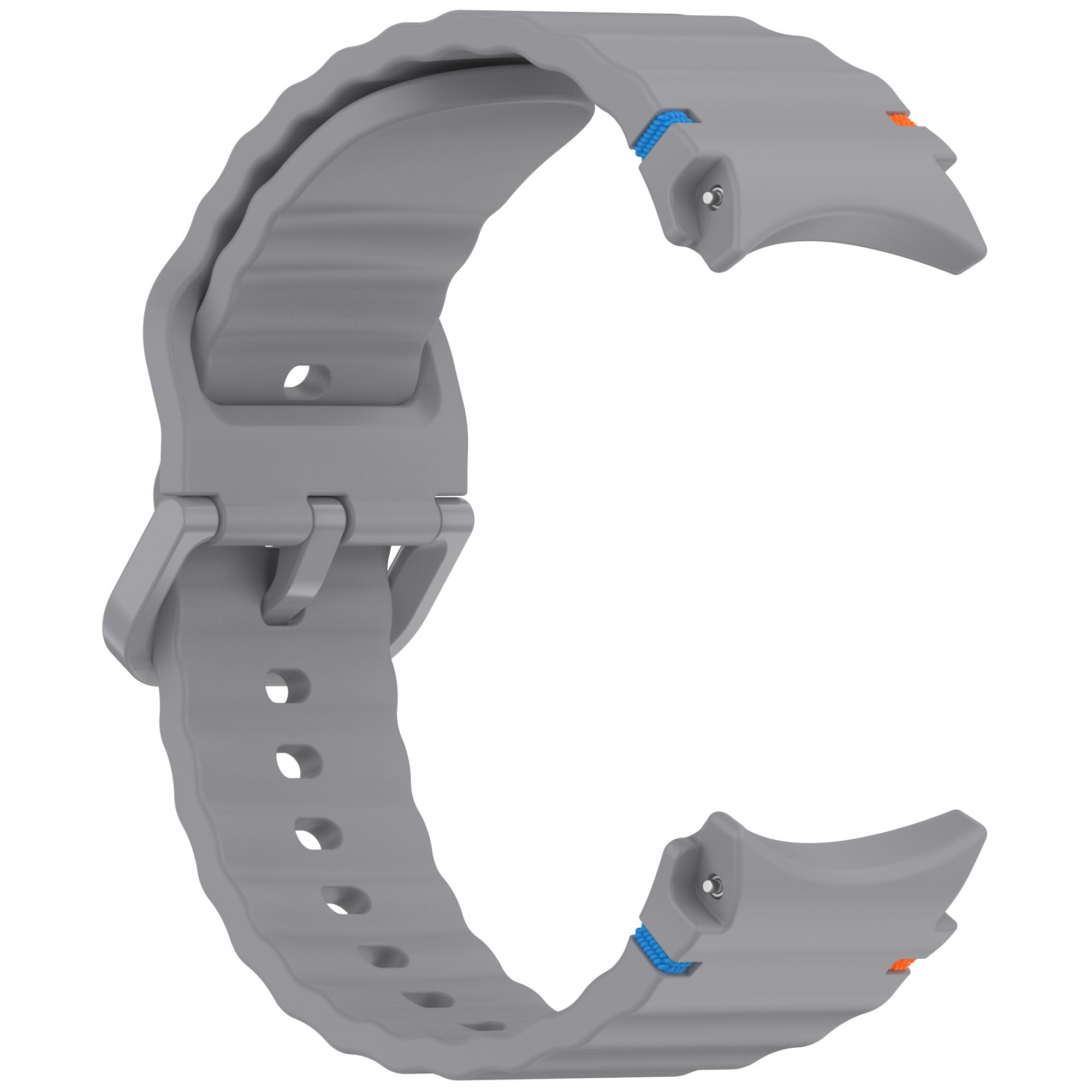 Ein graues Uhrenarmband mit einer sicheren Schnalle und blauen und orangefarbenen Akzenten.