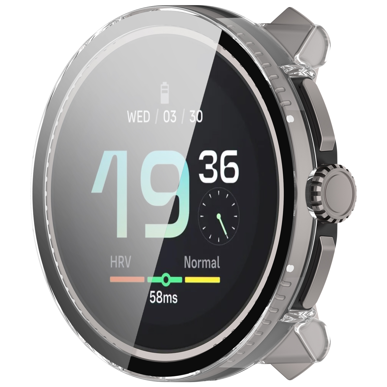 Tarcza smartwatcha. Wyświetla godzinę, datę, tętno i baterię. Srebrna ramka.