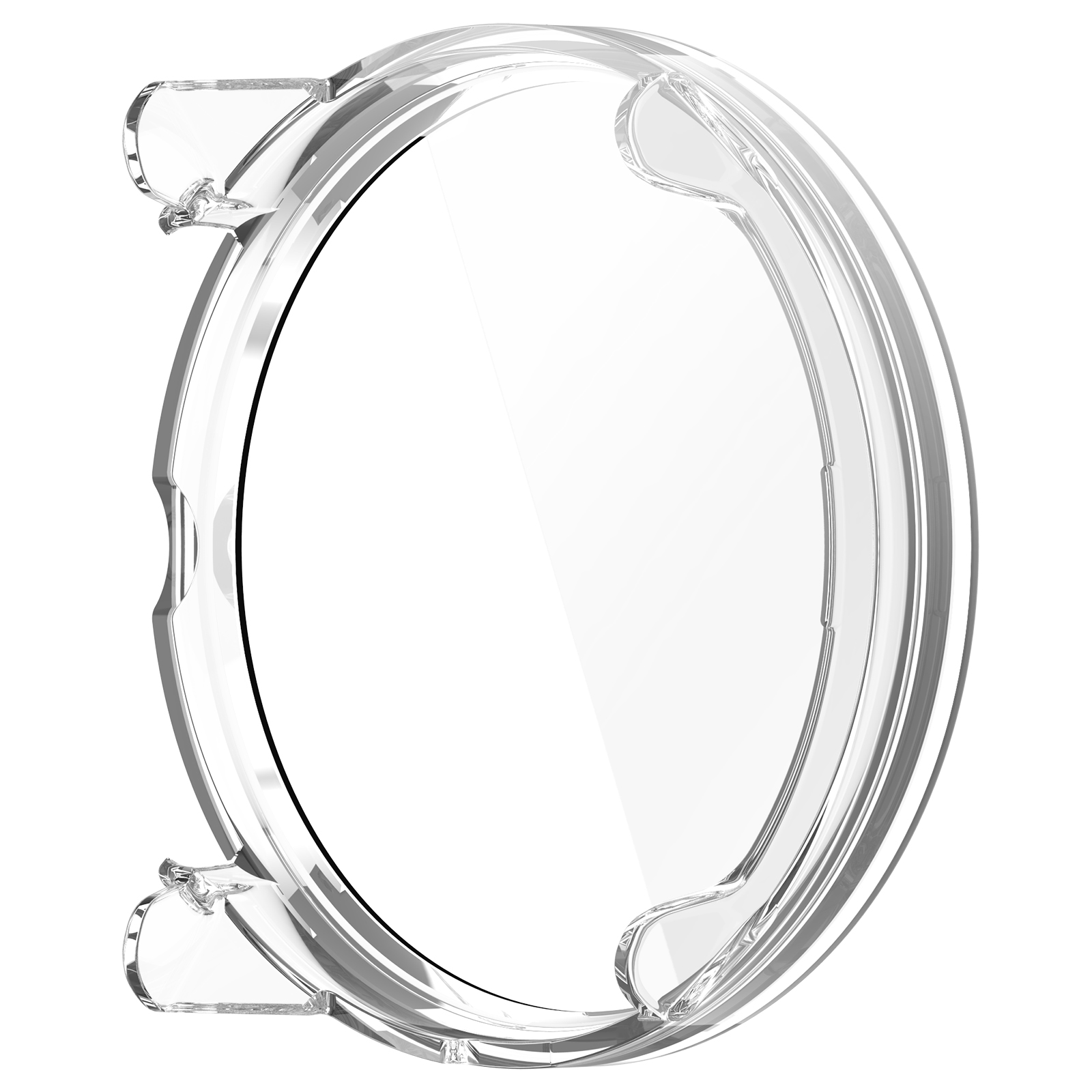 Przezroczysta, okrągła osłona ekranu z wycięciami na zegarek, na białym tle.