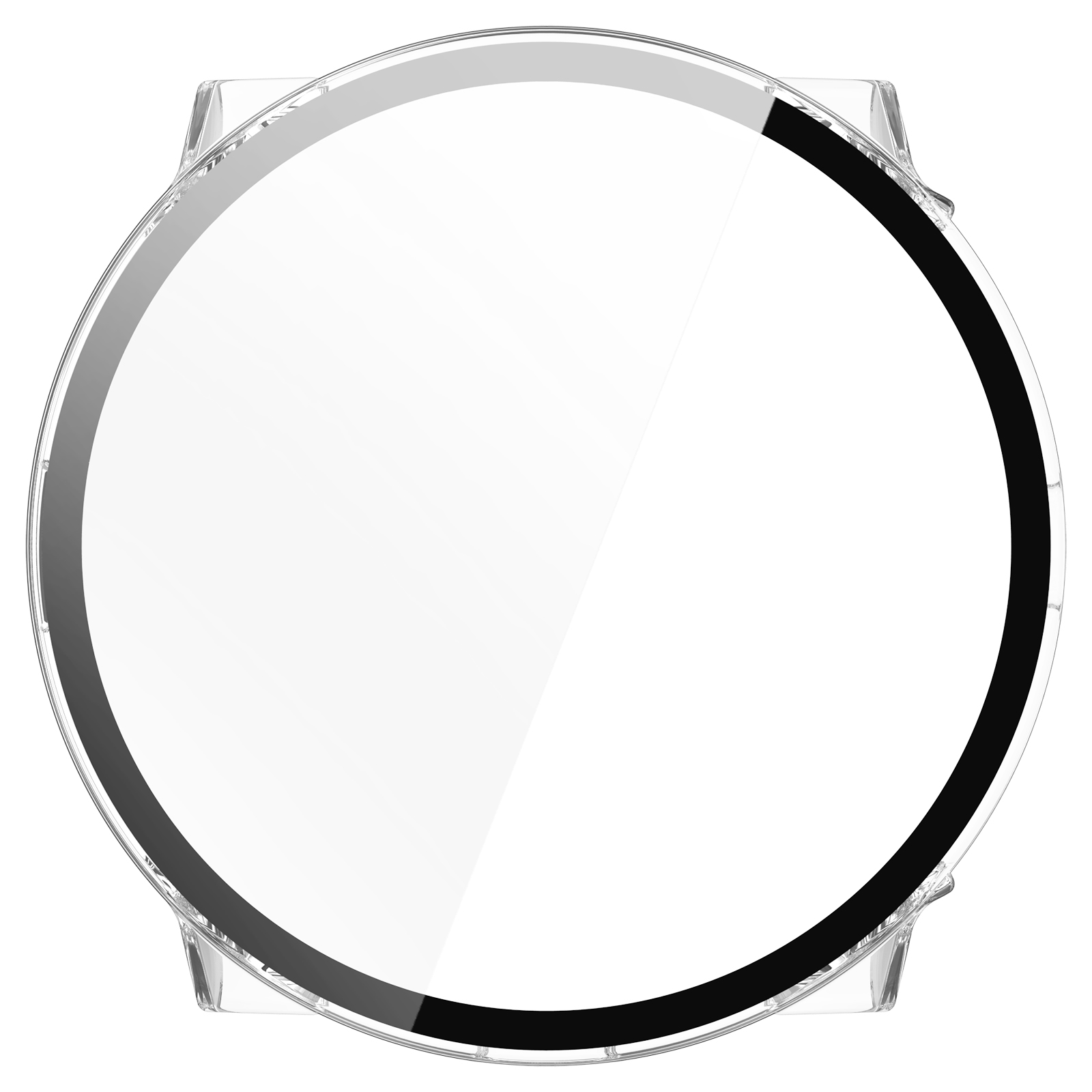 Przezroczysta osłona ekranu zegarka z czarną obwódką. Białe tło, widok z góry.