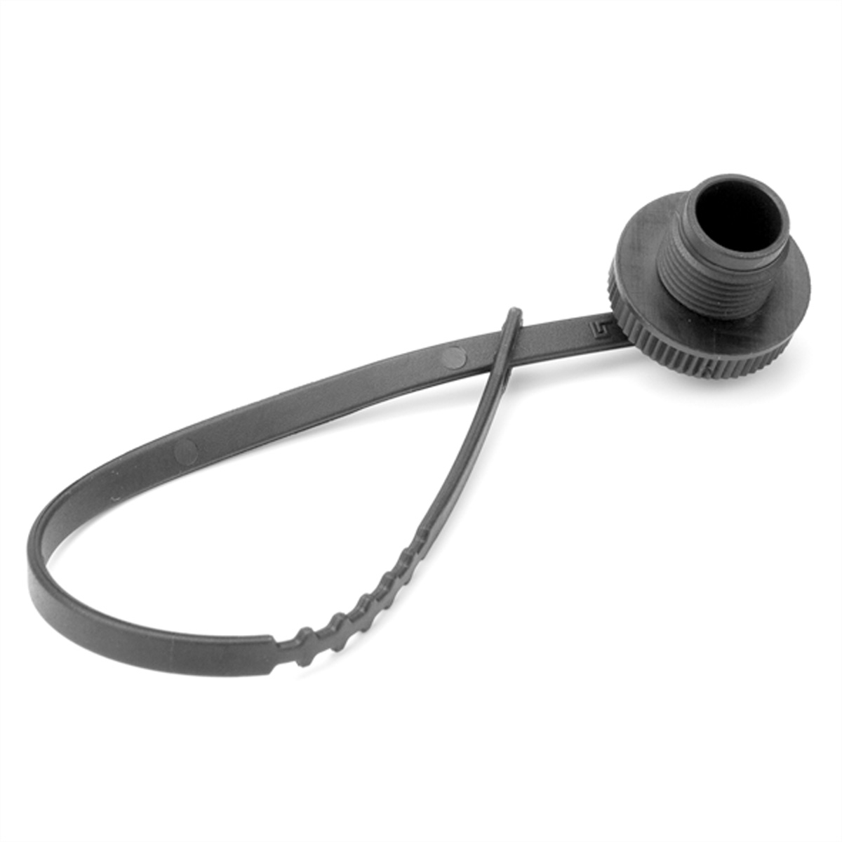 Schwarzer Flaschenverschluss mit Schlaufe. Hintergrund: Weiß.