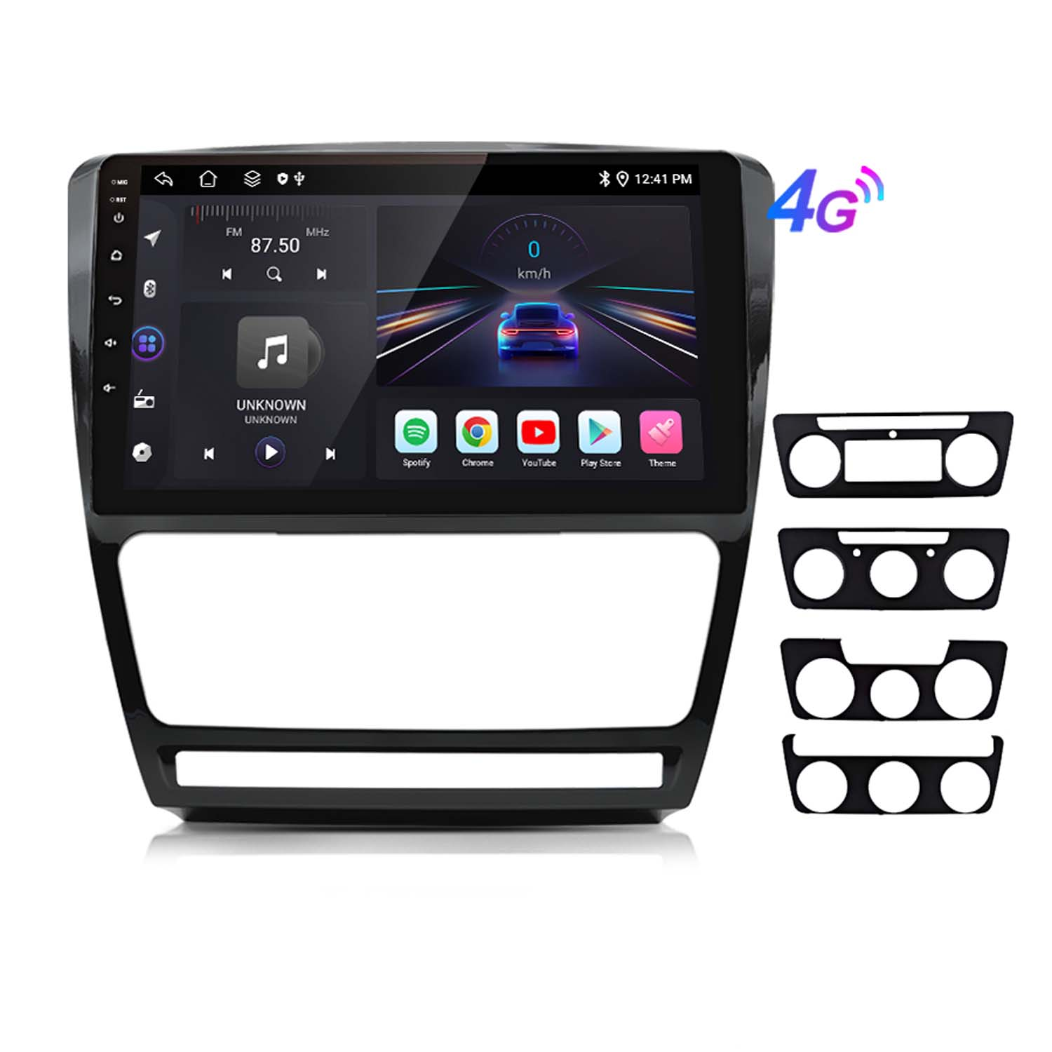 Ein Autoradio mit Touchscreen, Symbolen und Blende.