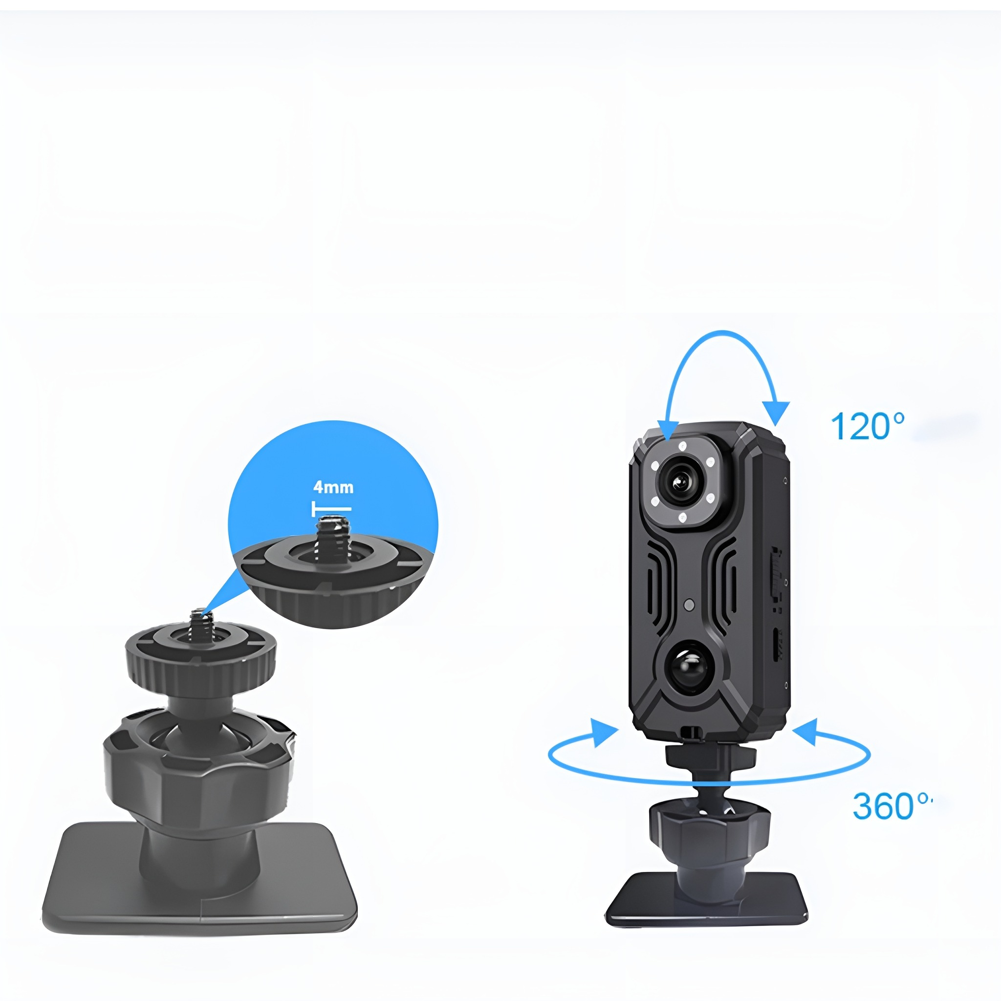 Eine schwarze Körperkamera mit verstellbarer Halterung. Sie lässt sich um 360 Grad drehen und 120 Grad neigen.
