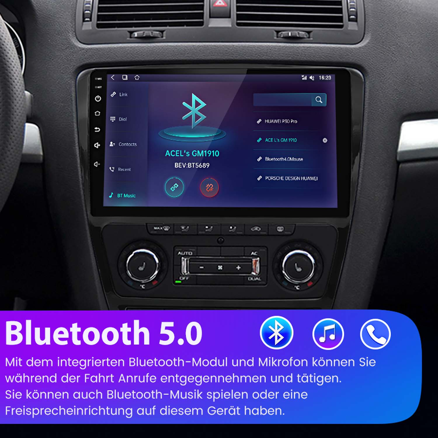 Autobildschirm mit Bluetooth-Oberfläche, umgeben von Knöpfen und Reglern.