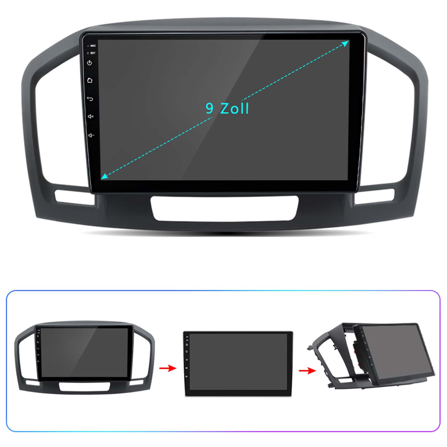 Auto-Multimedia-System mit großem Bildschirm, zeigt Installationsschritte.