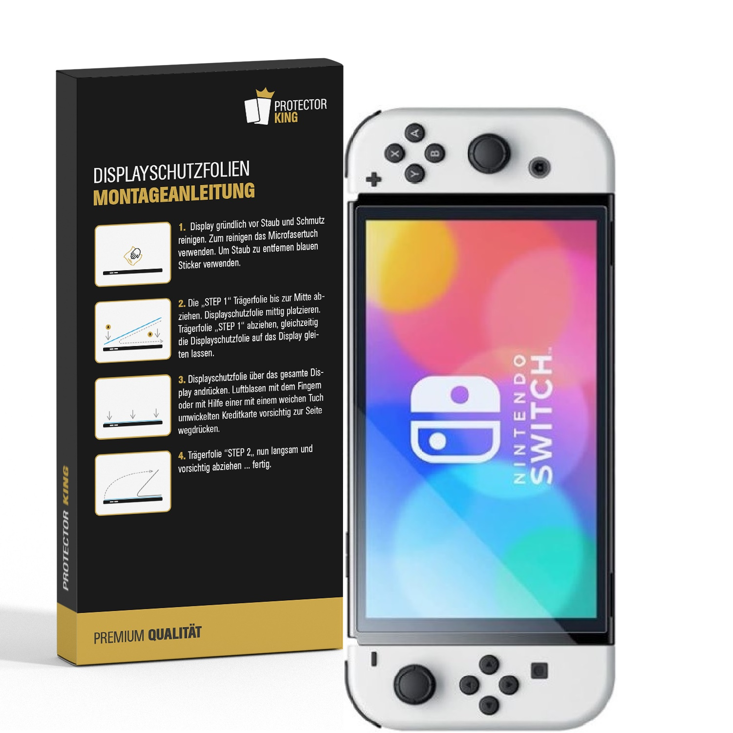 Nintendo Switch mit Displayschutzfolie und Verpackung, plus Anleitung. Weiß-Schwarz-Farbschema.