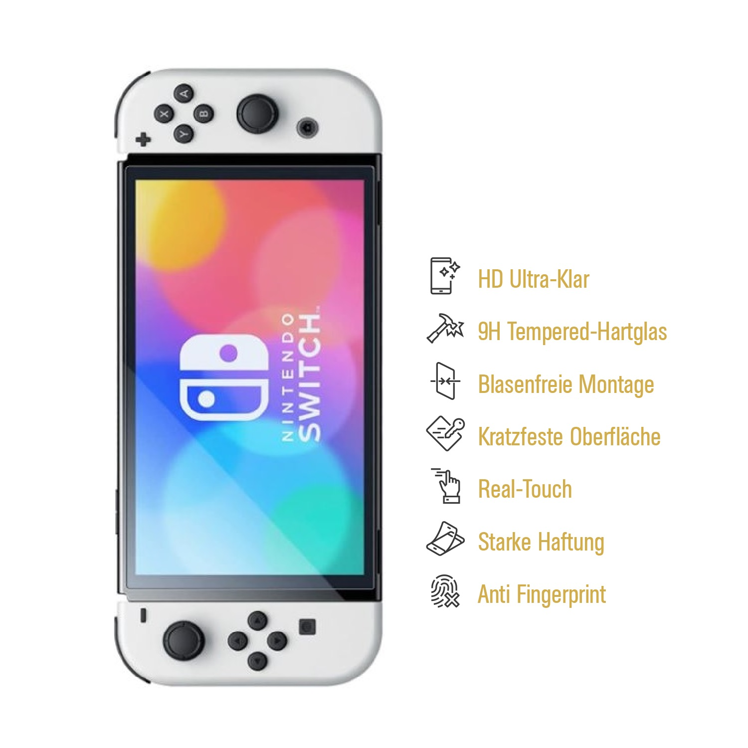 Weiße Nintendo Switch mit Displayschutz und Etiketten mit Funktionen.
