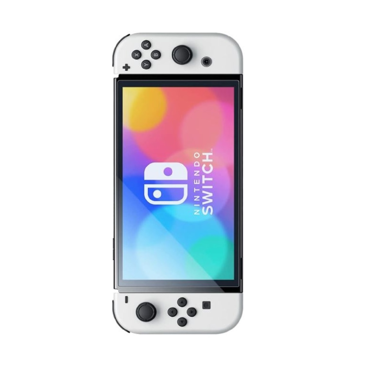Weiße Nintendo Switch Konsole mit einem Bildschirm, der ein farbenfrohes, abstraktes Bild zeigt.