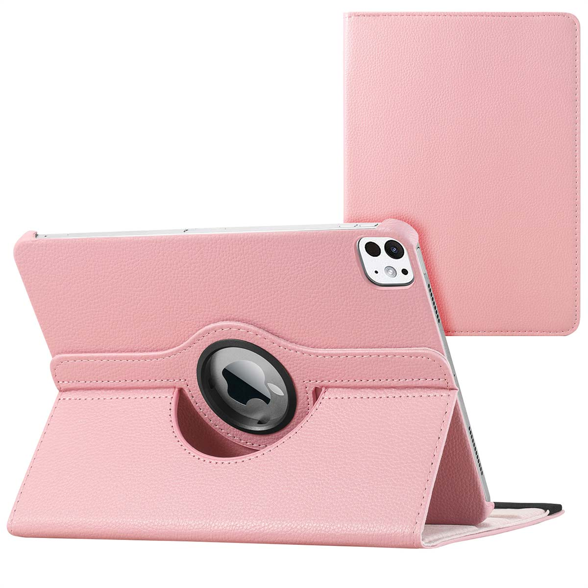 Roze iPad-hoes met een draaibare standaard en een bijpassende cover. Witte achtergrond.