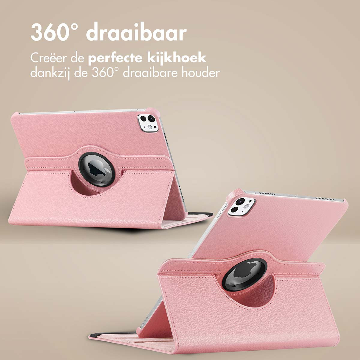 Twee roze tablethoezen, met een draaistandaard, weergegeven op een lichtbruine achtergrond.